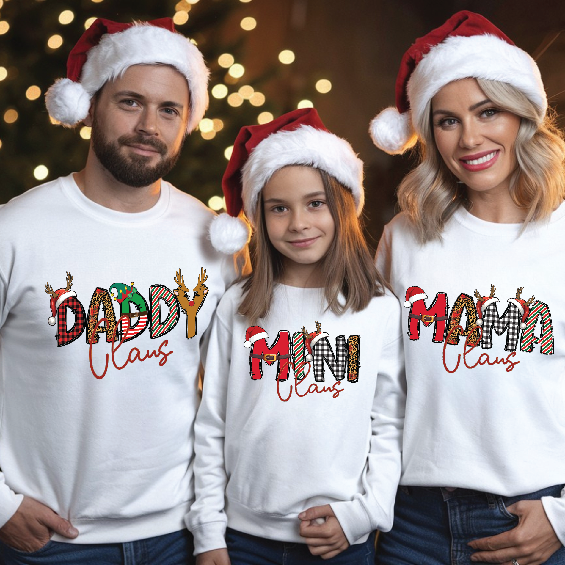 Family wearing matching Christmas sweatshirts reading “Daddy Claus”, “Mama Claus”, “Mini Claus”, “Granny Claus” with festive plaid and candy-cane letters