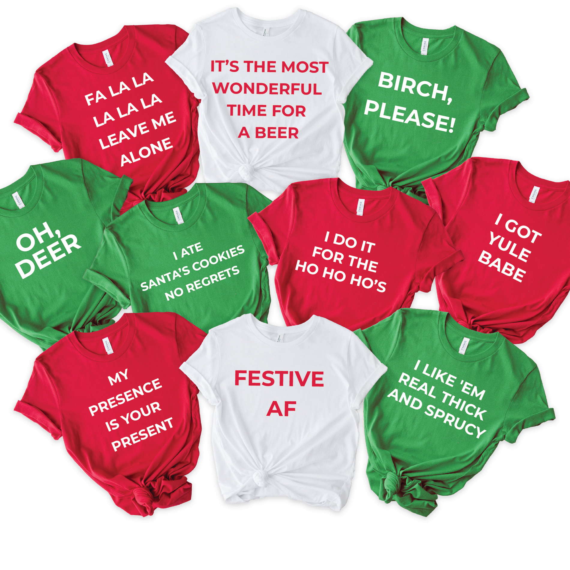 Funny Christmas quote shirts in red, green, and white with humorous holiday sayings