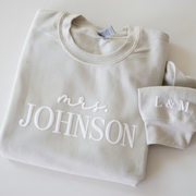 Custom Puff Print Mrs. Sweatshirt with Sleeve Initials - 3D Raised Text Bride Gift