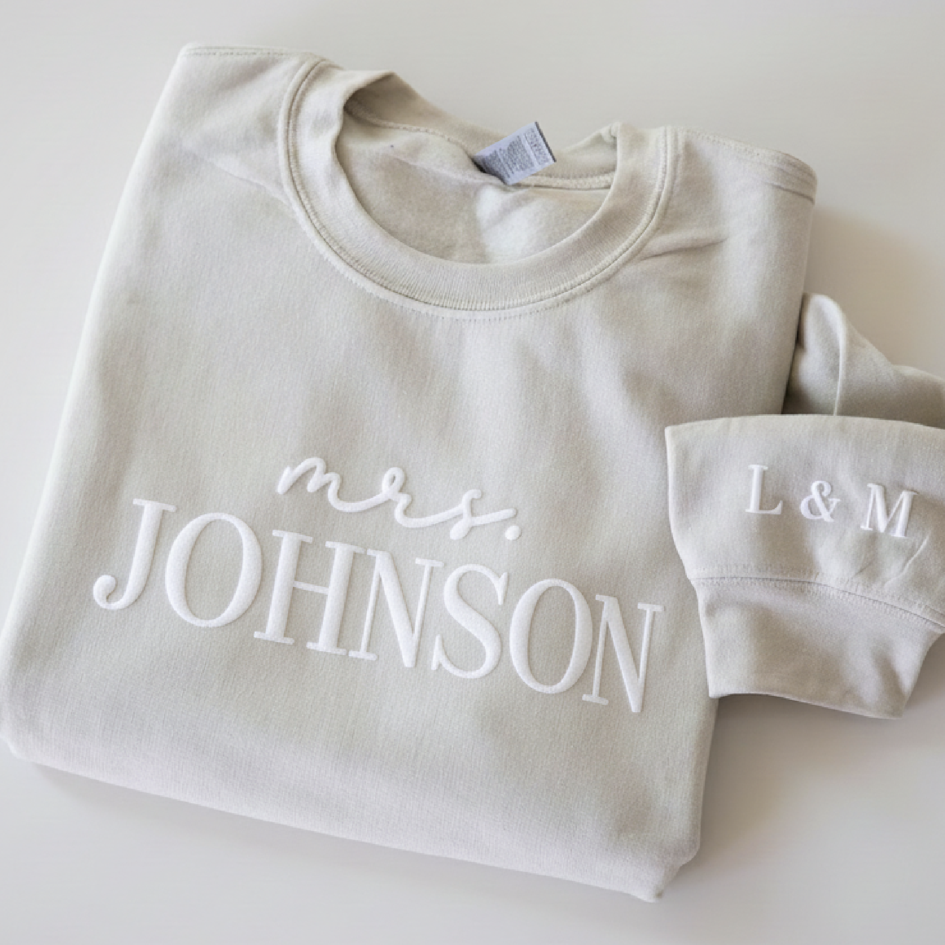 Custom Puff Print Mrs. Sweatshirt with Sleeve Initials - 3D Raised Text Bride Gift