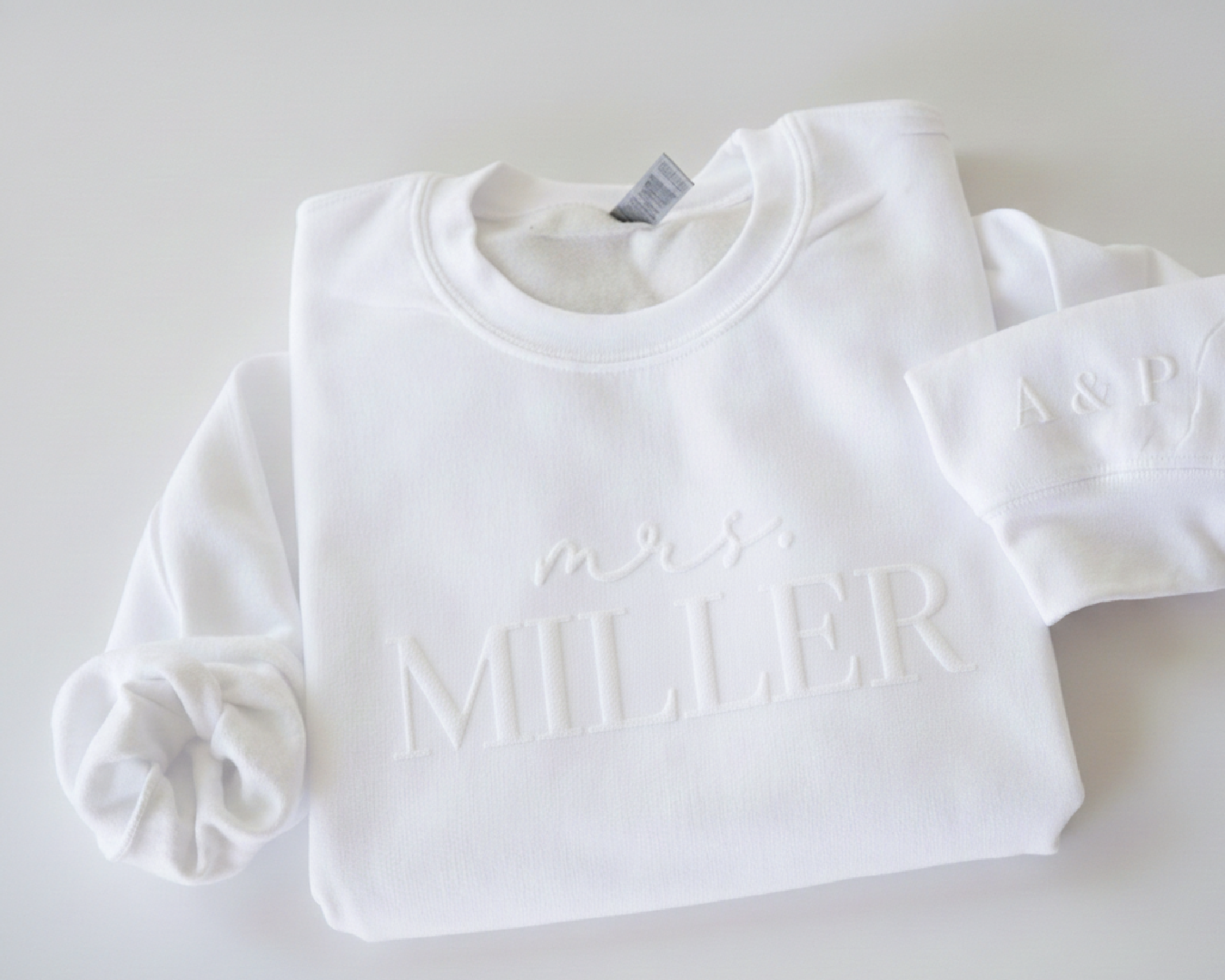 Custom Puff Print Mrs. Sweatshirt with Sleeve Initials - 3D Raised Text Bride Gift