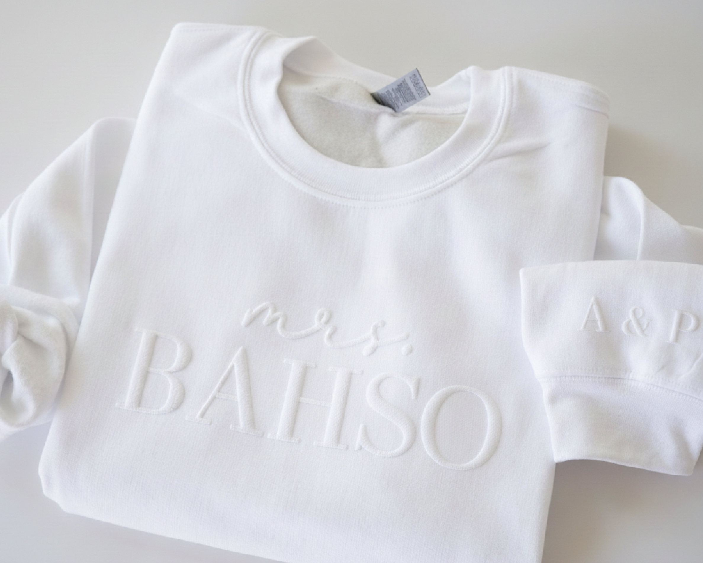 Custom Puff Print Mrs. Sweatshirt with Sleeve Initials - 3D Raised Text Bride Gift