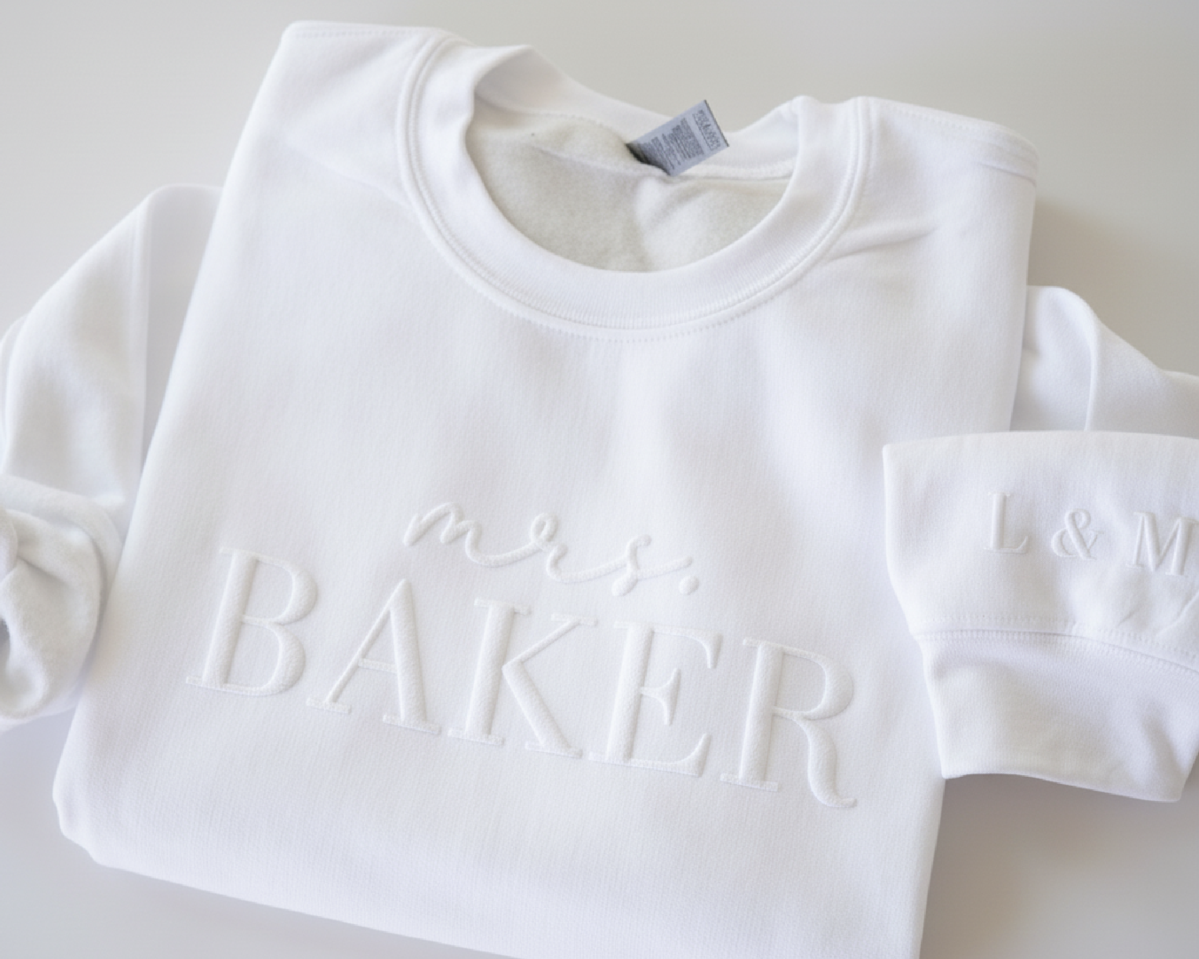 Custom Puff Print Mrs. Sweatshirt with Sleeve Initials - 3D Raised Text Bride Gift