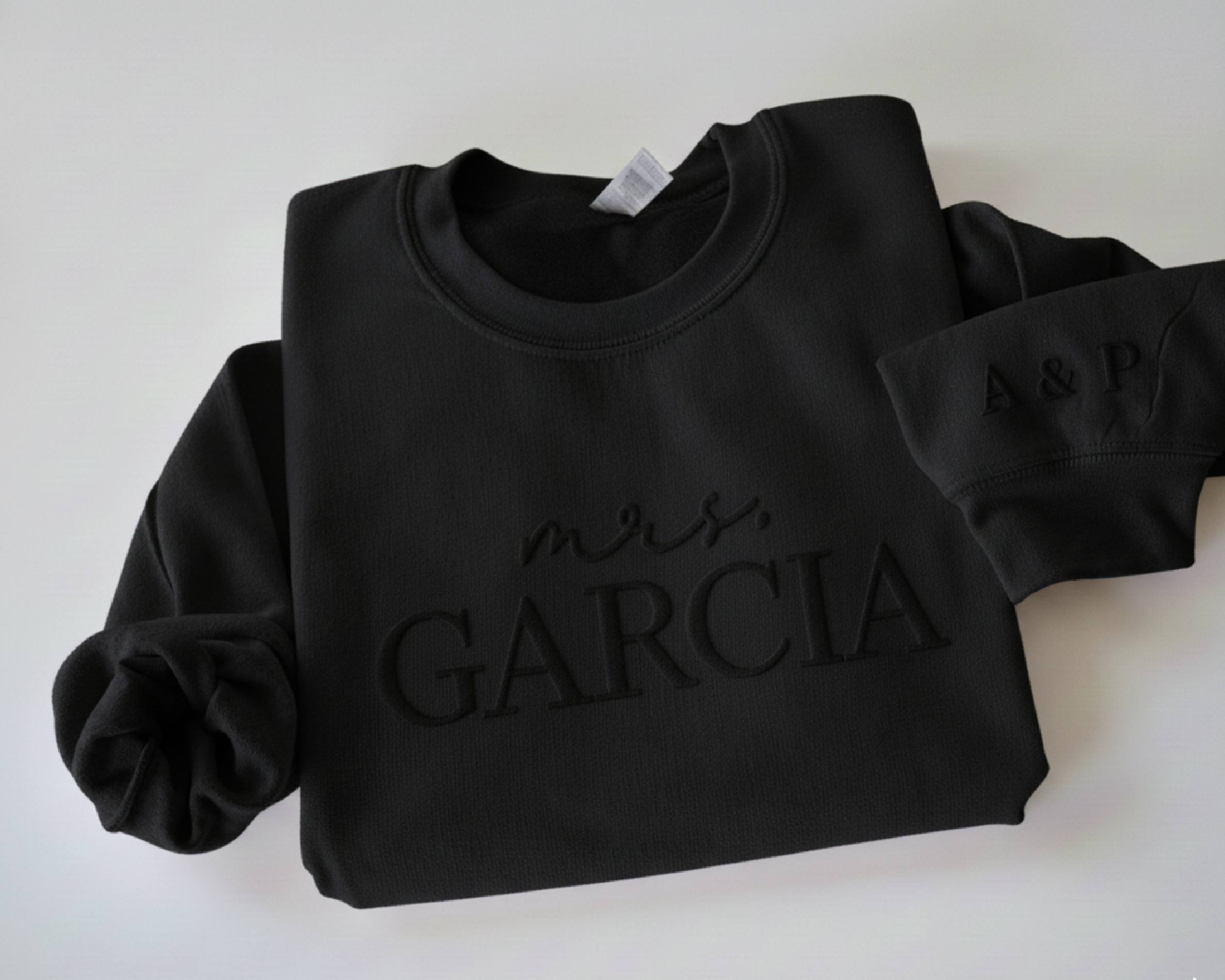 Custom Puff Print Mrs. Sweatshirt with Sleeve Initials - 3D Raised Text Bride Gift