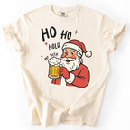 Ivory shirt featuring Santa Claus holding a beer mug with “Ho Ho Hold My Beer” text