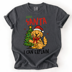 Ivory t-shirt with “Dear Santa I Can Explain” text and cute dog in Santa hat beside Christmas tree 1