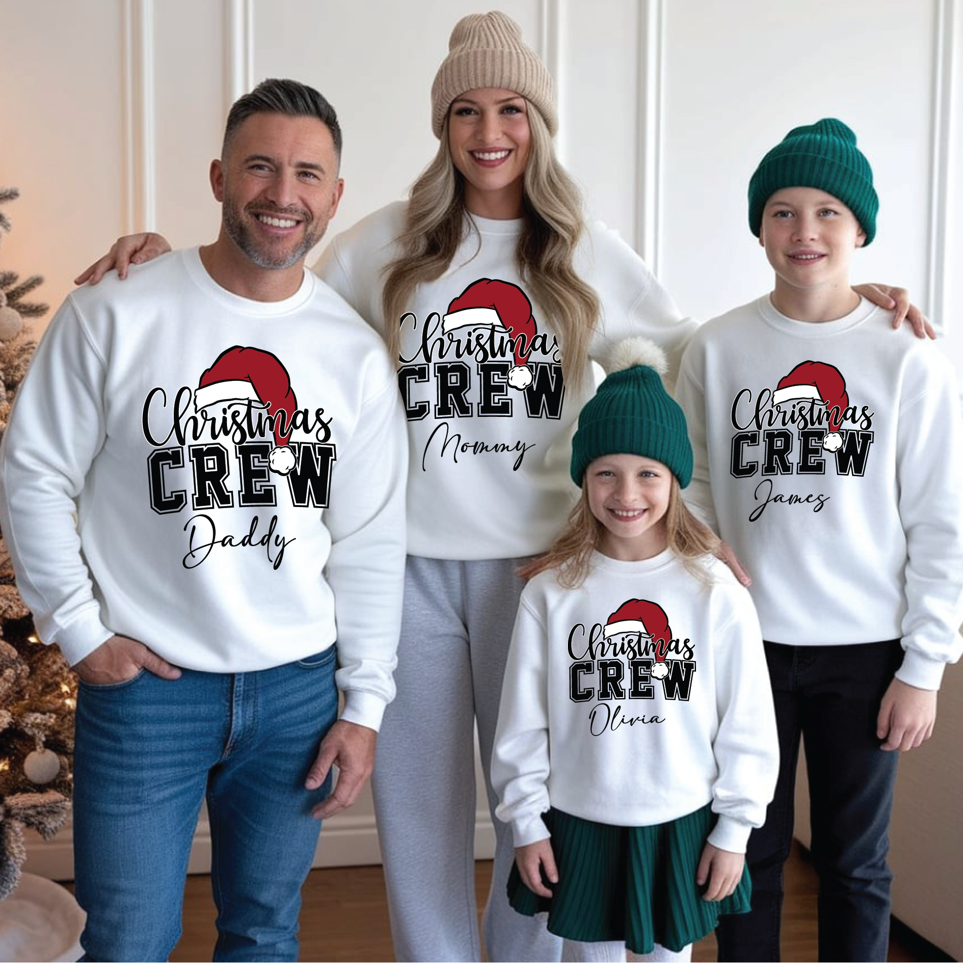 Personalized Christmas Crew T-shirts in red and black with Santa hat design – matching family Christmas shirts with custom names