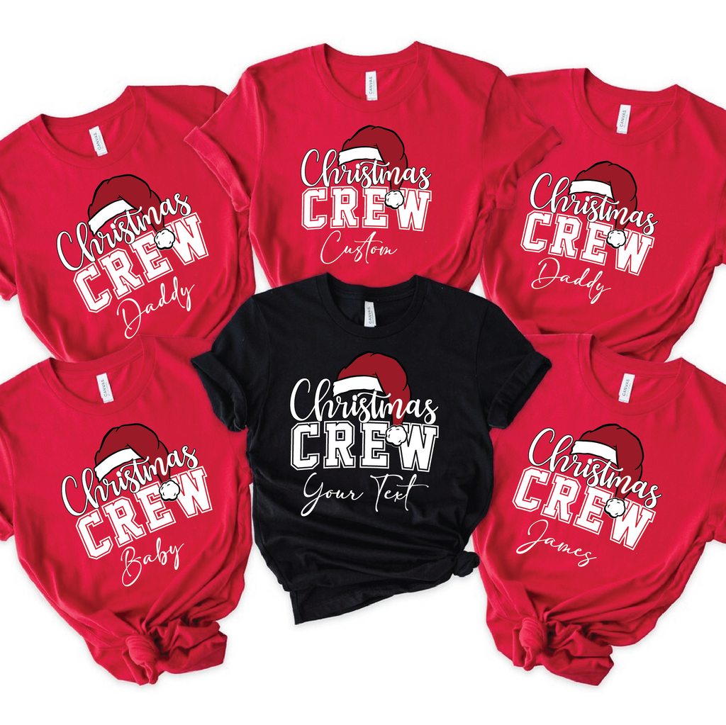 Personalized Christmas Crew T-shirts in red and black with Santa hat design – matching family Christmas shirts with custom names