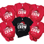 Personalized Christmas Crew T-shirts in red and black with Santa hat design – matching family Christmas shirts with custom names
