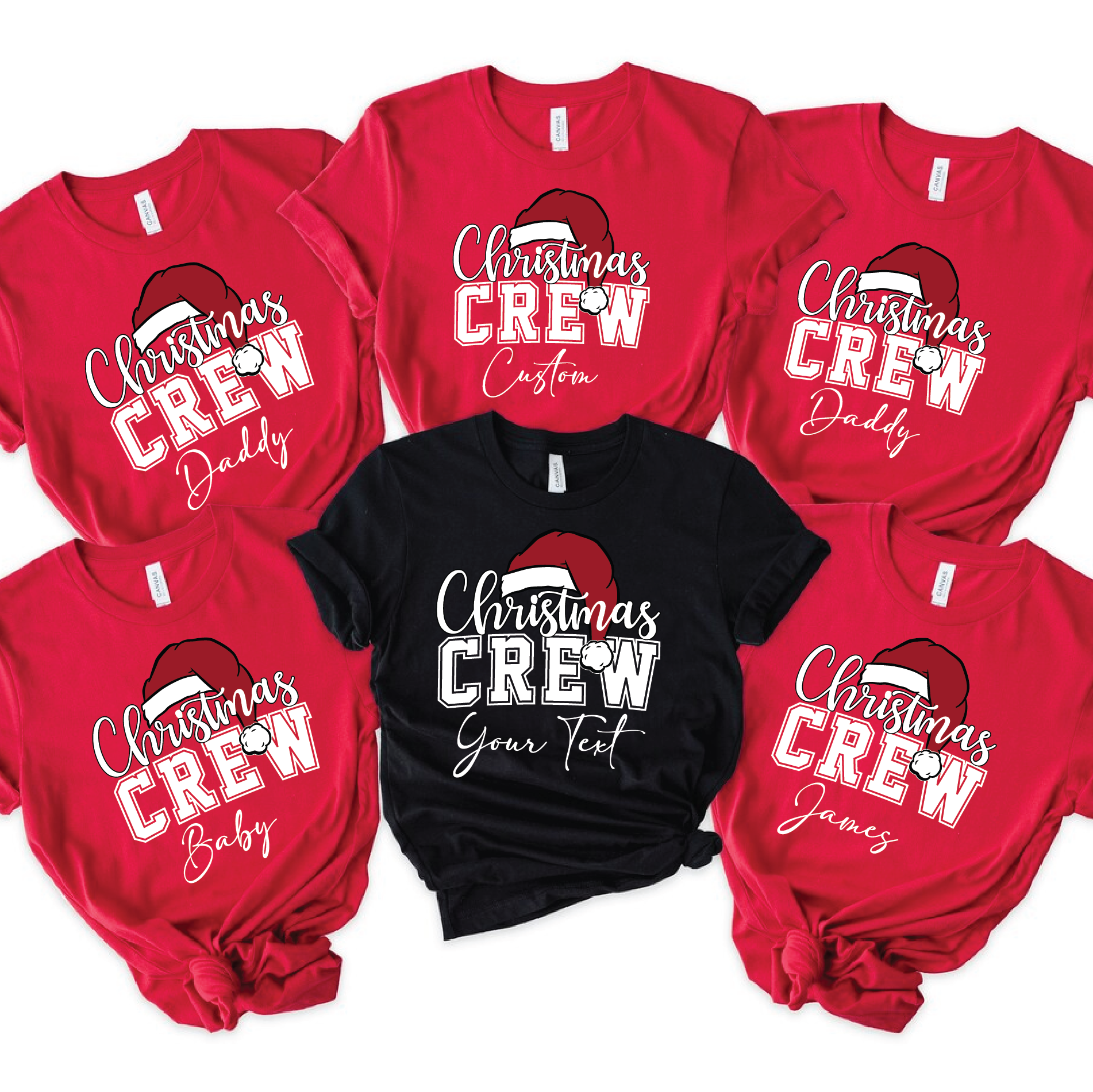 Personalized Christmas Crew T-shirts in red and black with Santa hat design – matching family Christmas shirts with custom names