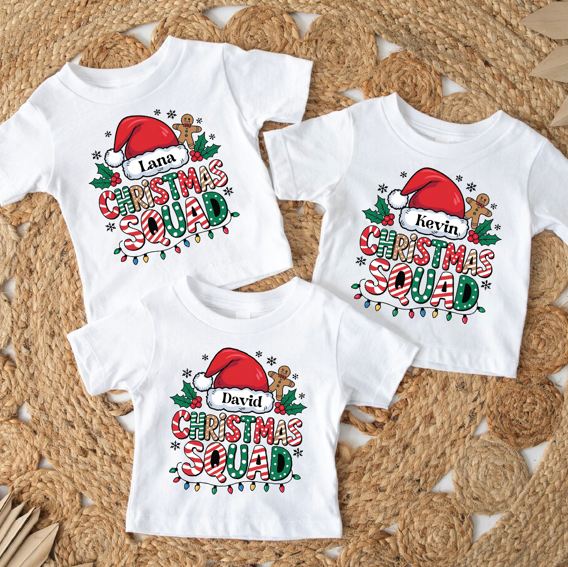 Personalized Christmas Squad T-shirts in black with Santa hat design – matching family holiday shirts for Christmas parties