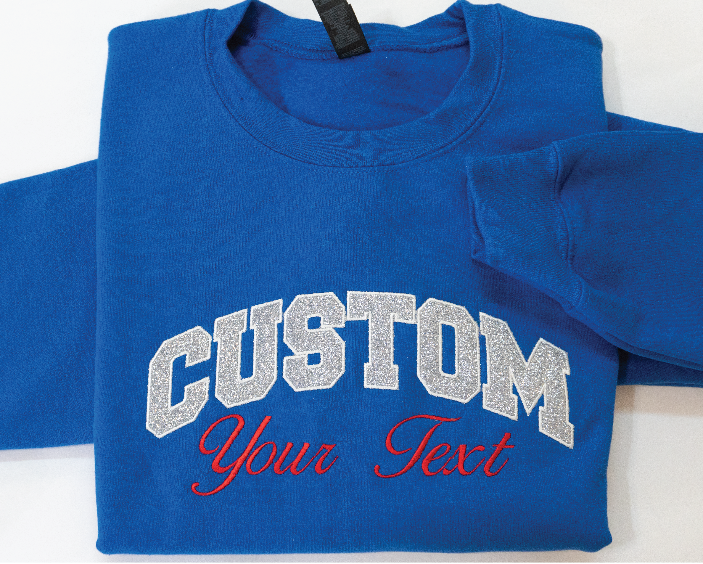 Custom Team Name Embroidered Appliqué Glitter Sweatshirt – Personalized Varsity Team Crewneck