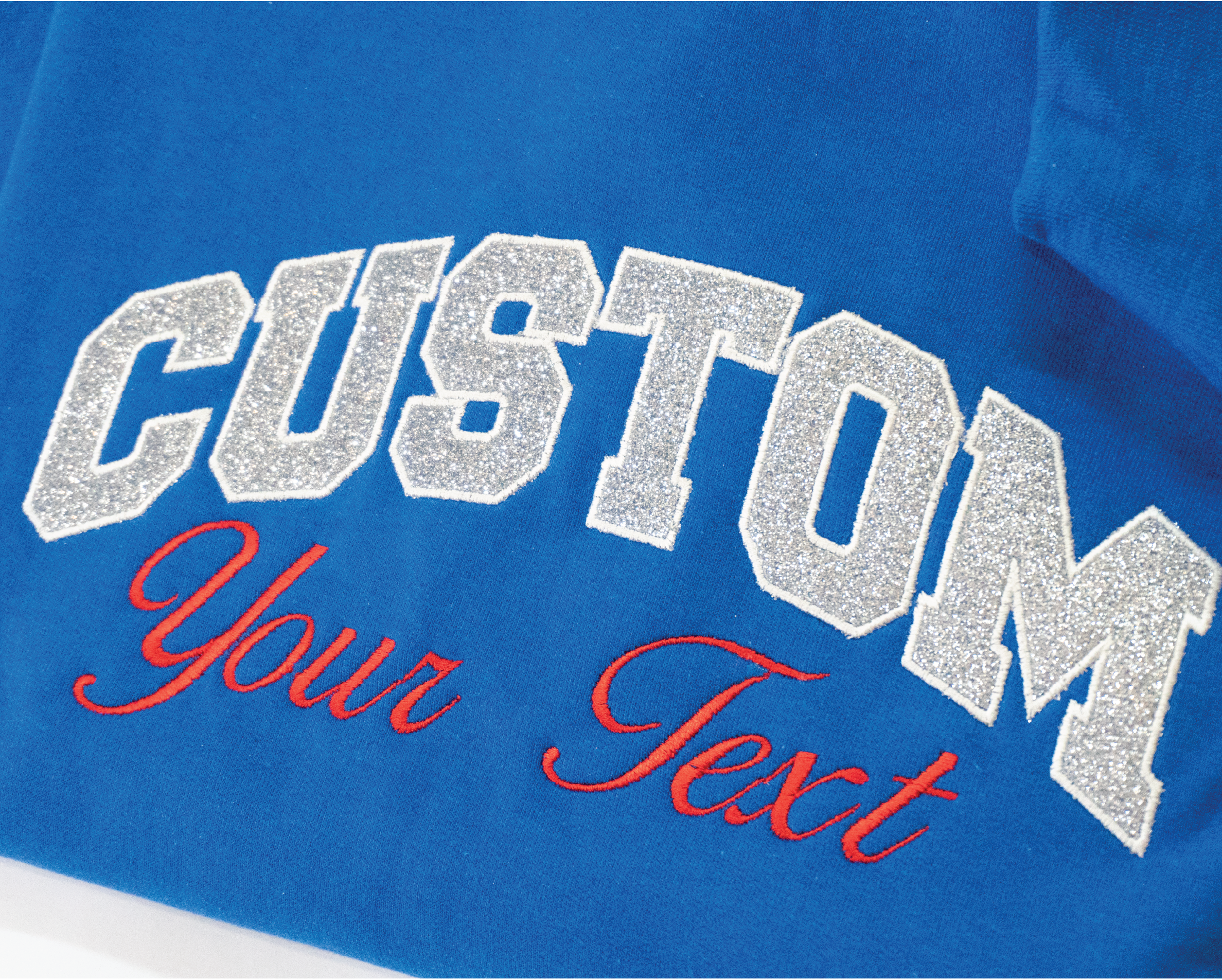 Custom Team Name Embroidered Appliqué Glitter Sweatshirt – Personalized Varsity Team Crewneck