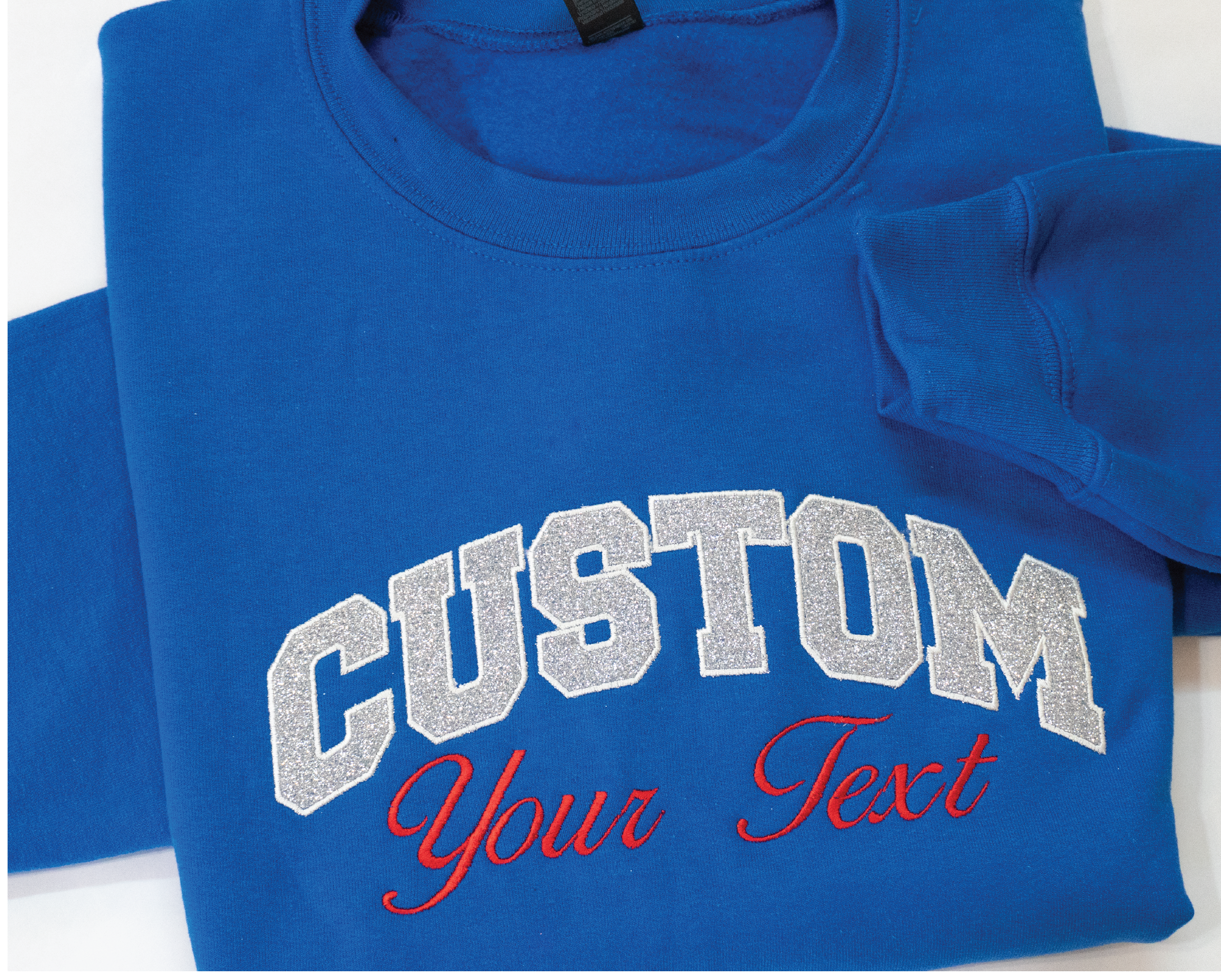 Custom Team Name Embroidered Appliqué Glitter Sweatshirt – Personalized Varsity Team Crewneck