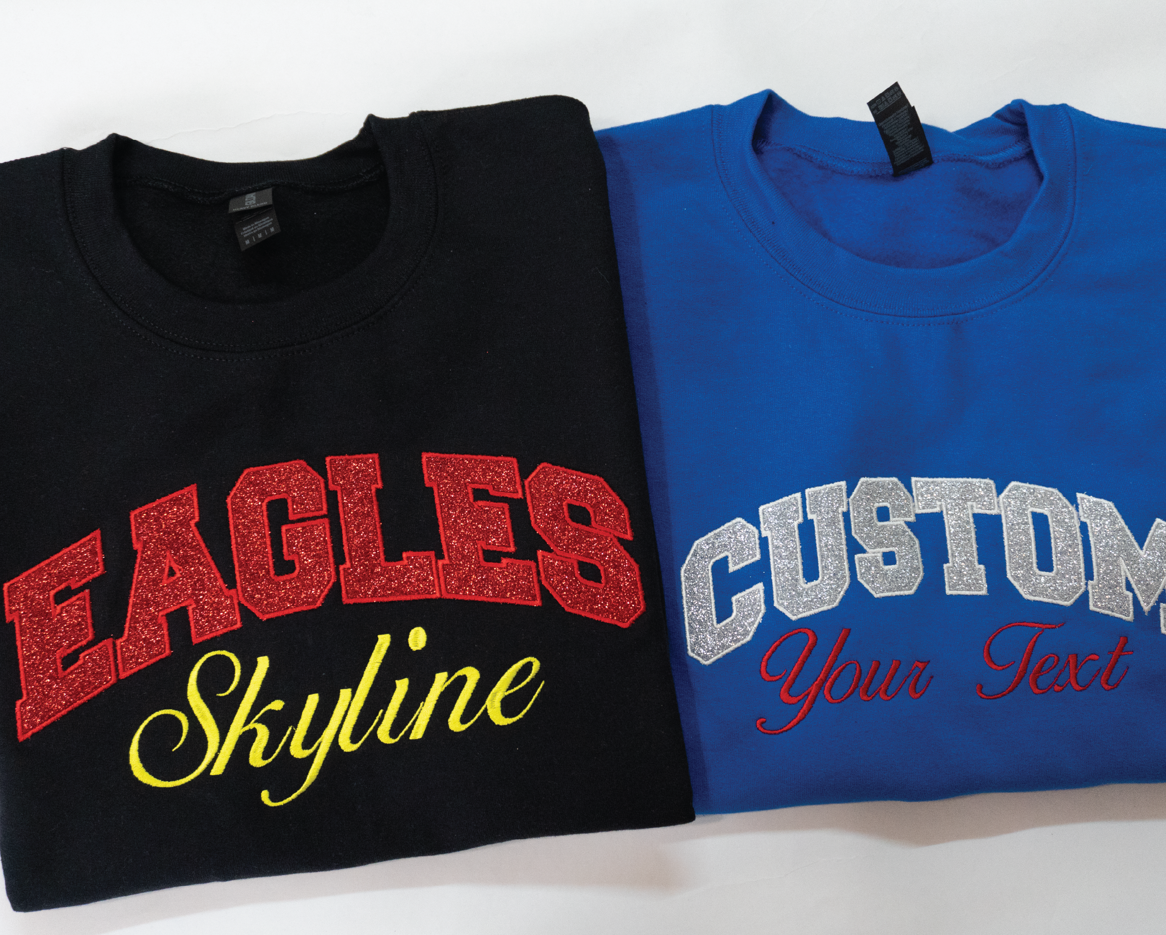 Custom Team Name Embroidered Appliqué Glitter Sweatshirt – Personalized Varsity Team Crewneck