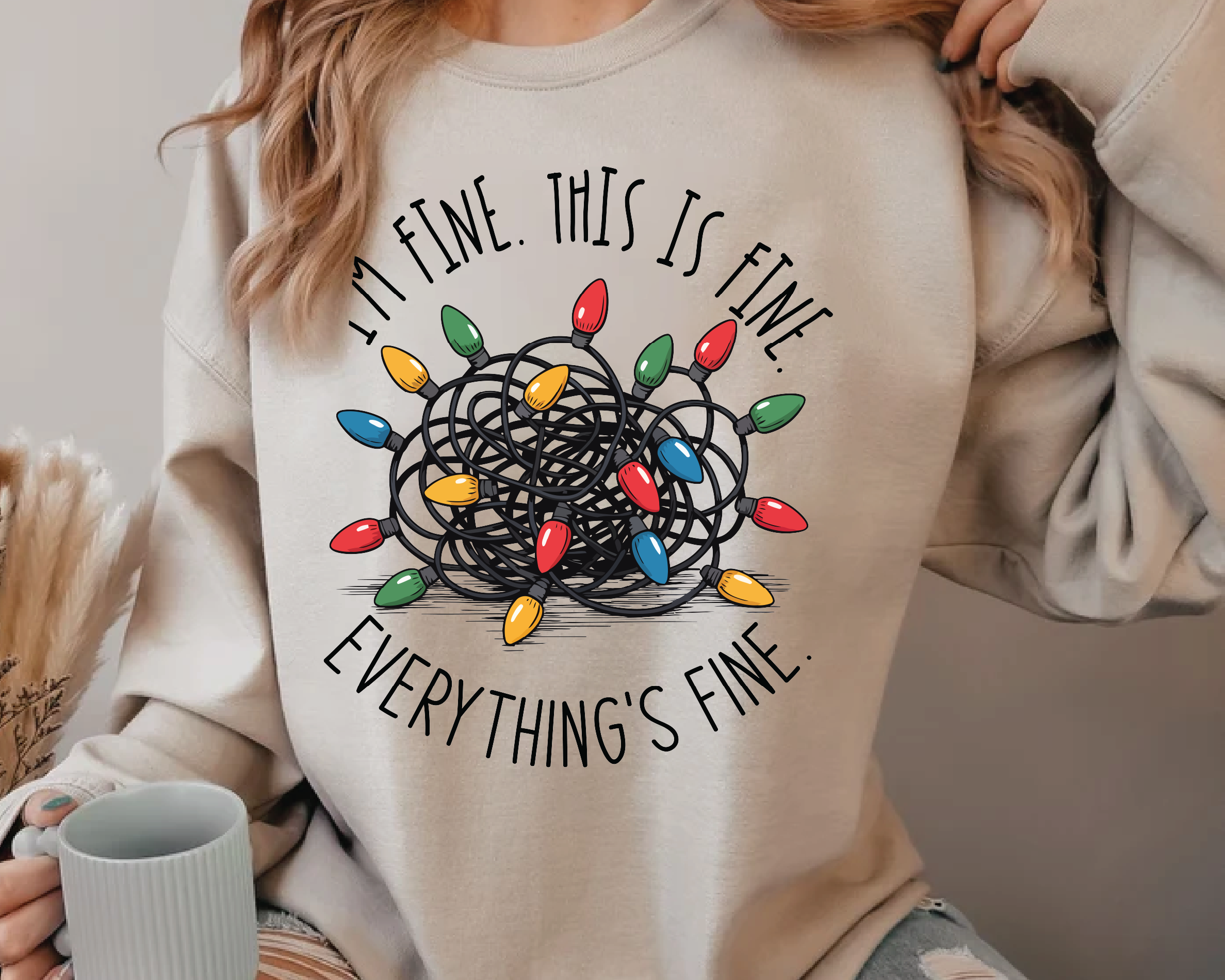 I'm Fine Everything’s Fine Christmas Sweatshirt – Funny Holiday Tangled Lights Pullover