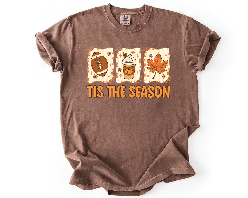 Tis The Season Shirt – Cute Fall Football Pumpkin Spice Latte Leaf Tee