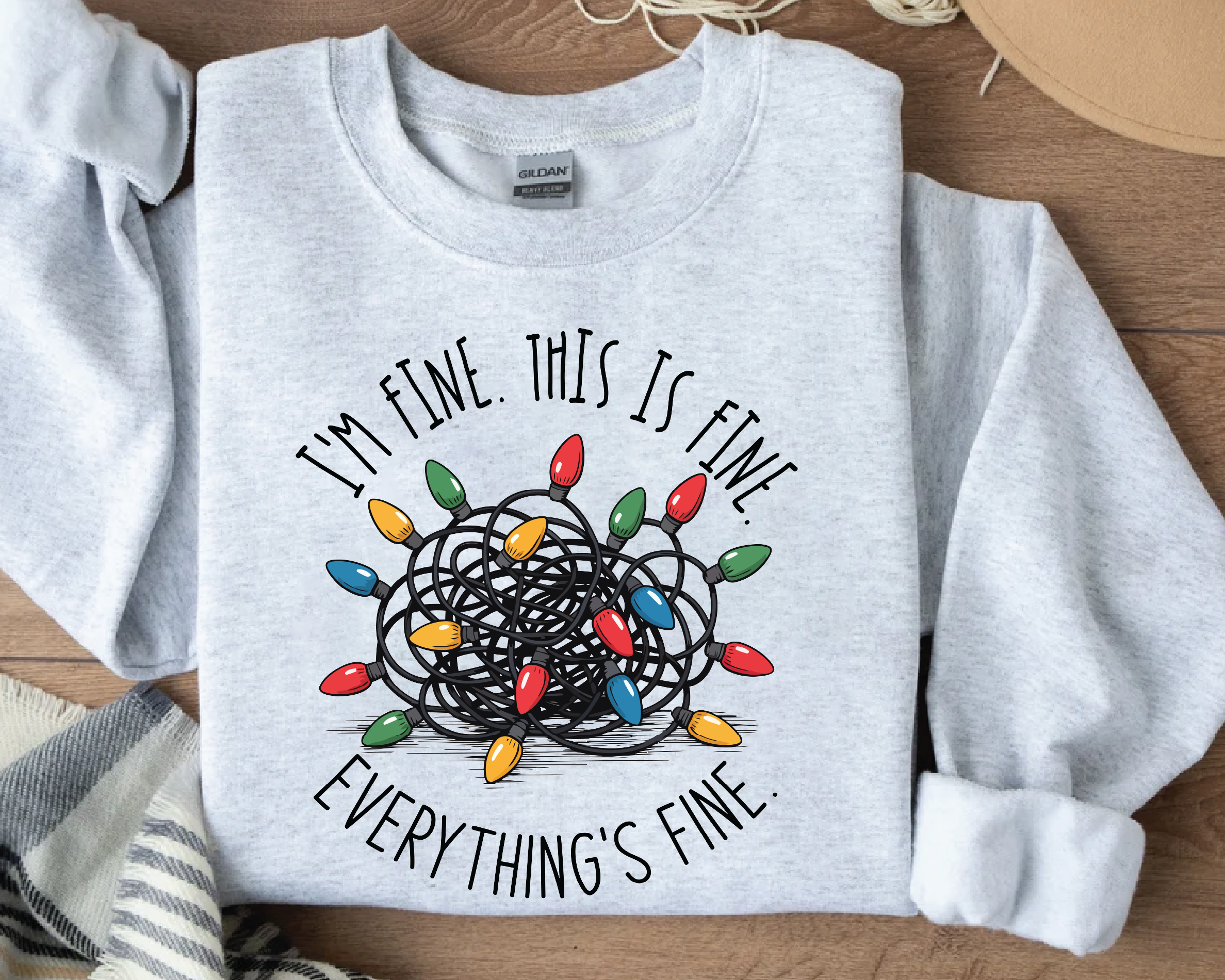 I'm Fine Everything’s Fine Christmas Sweatshirt – Funny Holiday Tangled Lights Pullover
