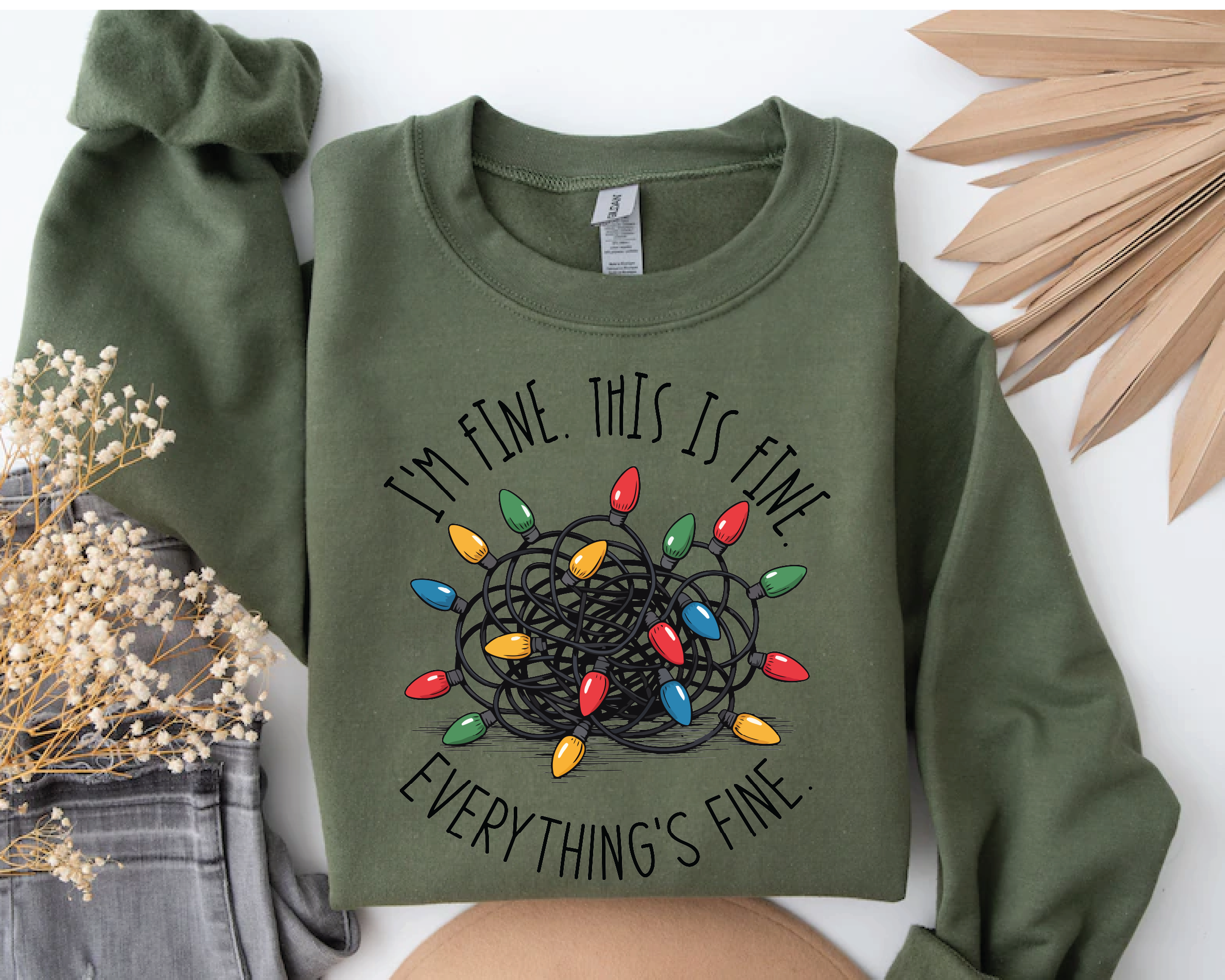 I'm Fine Everything’s Fine Christmas Sweatshirt – Funny Holiday Tangled Lights Pullover