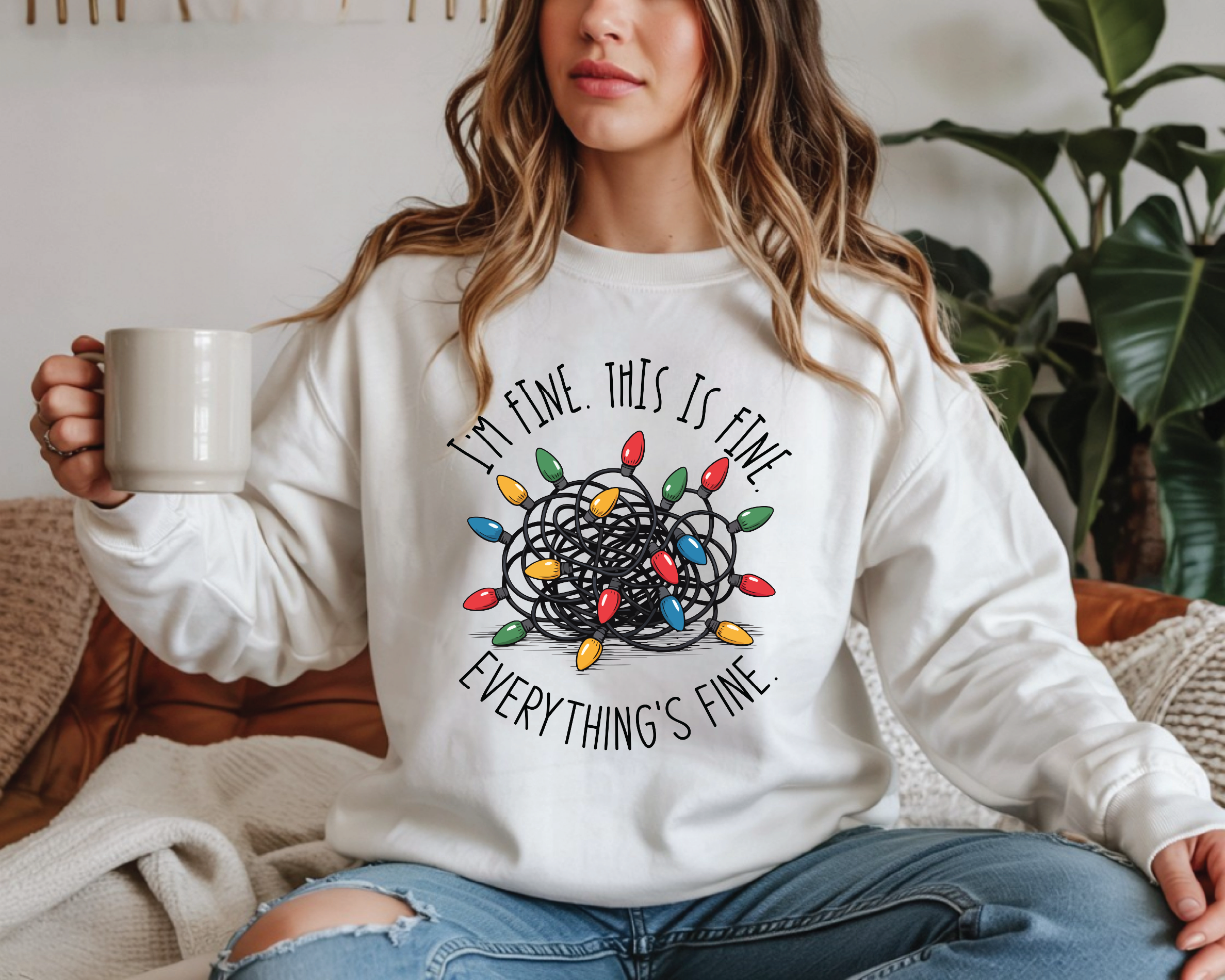 I'm Fine Everything’s Fine Christmas Sweatshirt – Funny Holiday Tangled Lights Pullover
