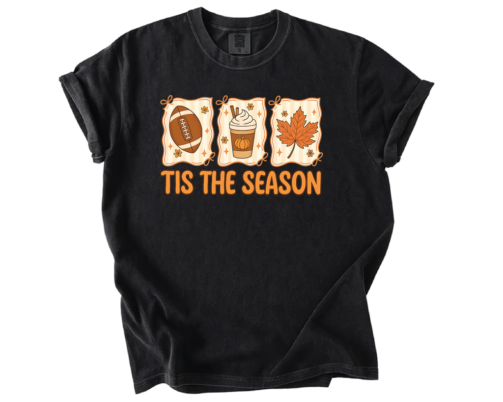 Tis The Season Shirt – Cute Fall Football Pumpkin Spice Latte Leaf Tee