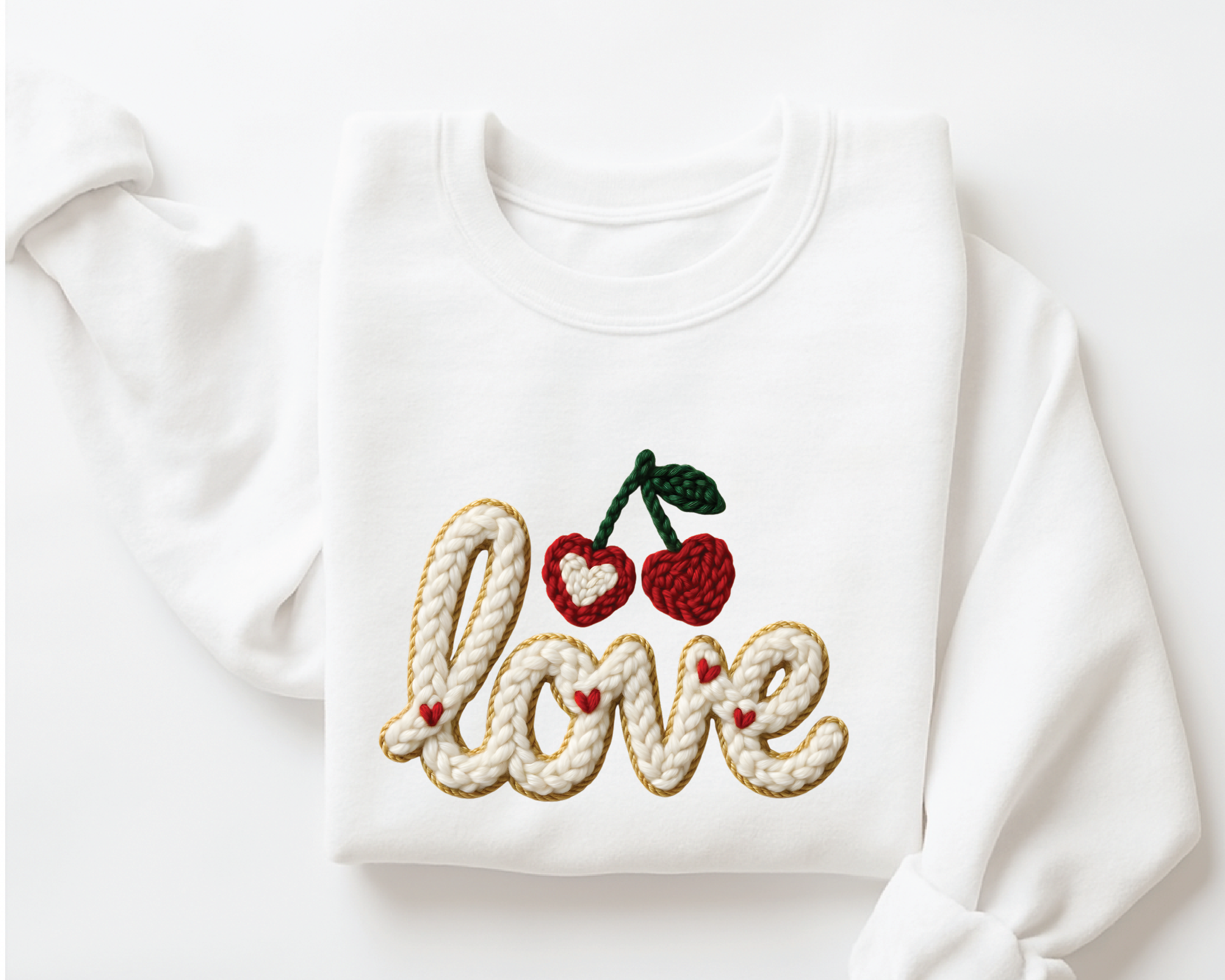 Coquette Pink Bow Sweatshirt - Print Faux Embroidery Effect Valentine's Day Crewneck - VL15