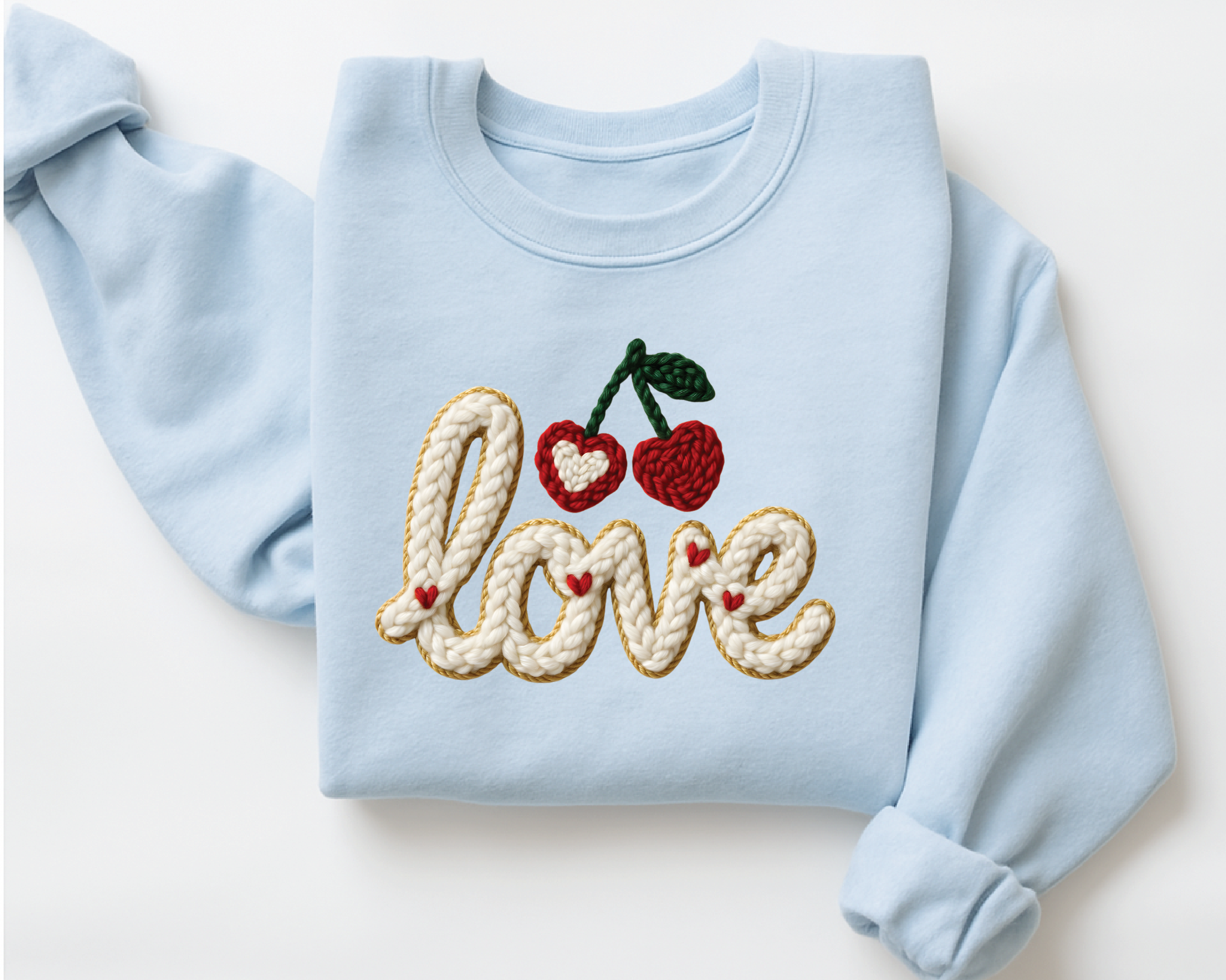 Coquette Pink Bow Sweatshirt - Print Faux Embroidery Effect Valentine's Day Crewneck - VL15