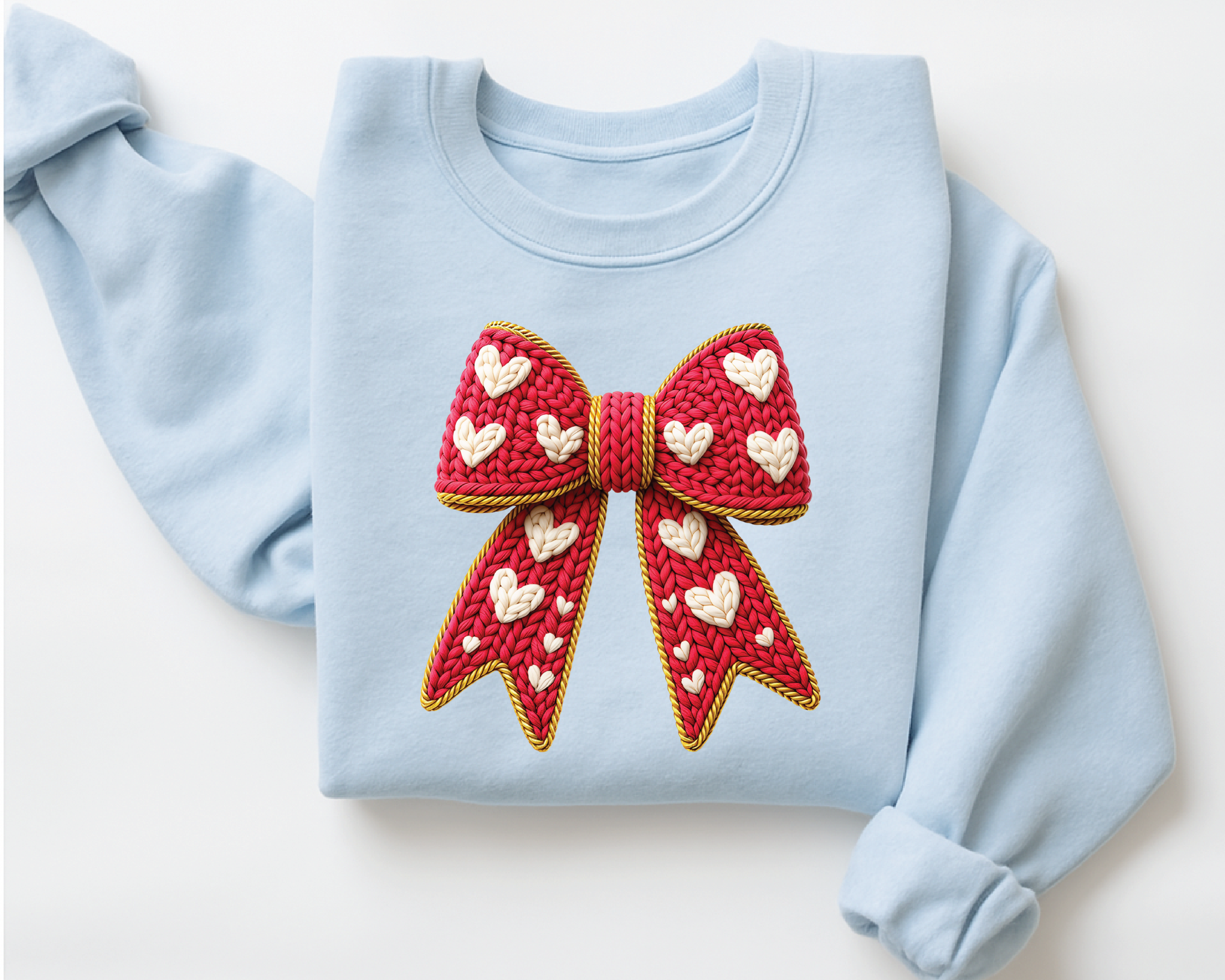 Coquette Red Bow Sweatshirt - Grey Faux Embroidery Valentine's Crewneck - VL17
