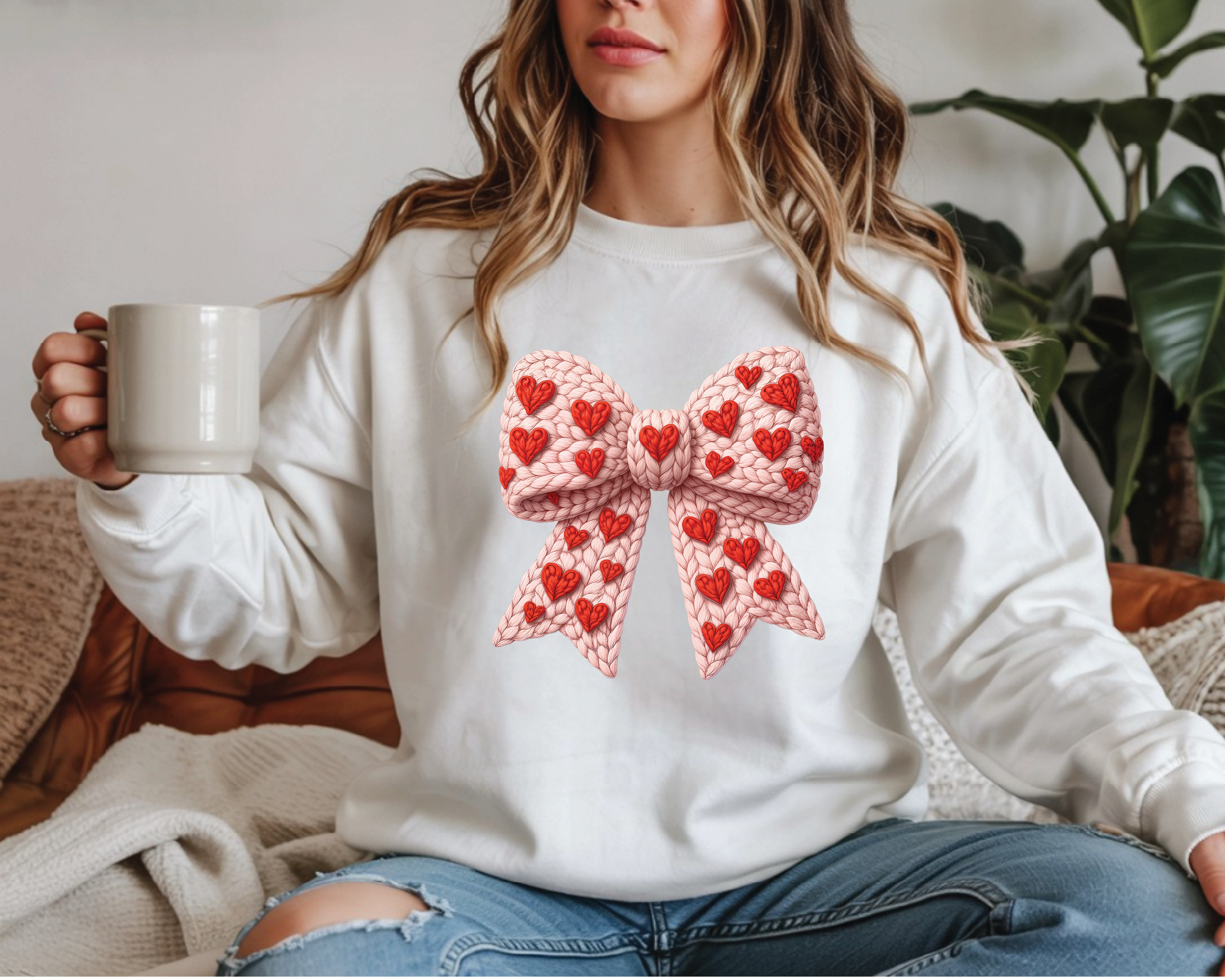 Red Coquette Bow Sweatshirt - Faux Embroidery Valentine's Day Crewneck - VL16