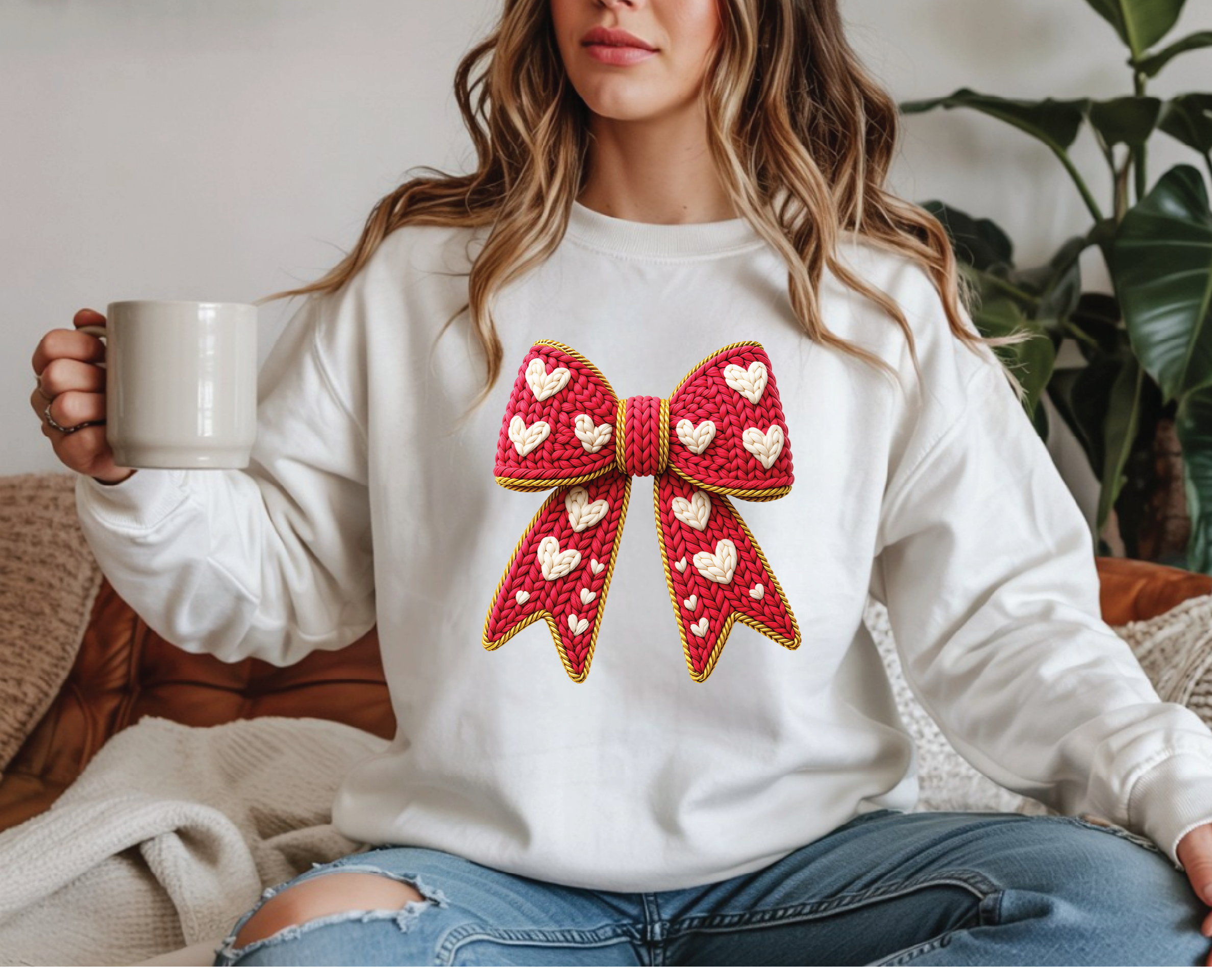 Coquette Red Bow Sweatshirt - Grey Faux Embroidery Valentine's Crewneck - VL17