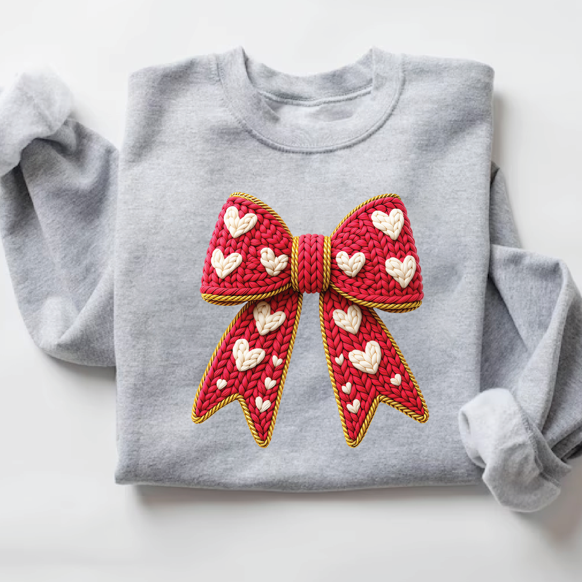 Coquette Red Bow Sweatshirt - Grey Faux Embroidery Valentine's Crewneck - VL17