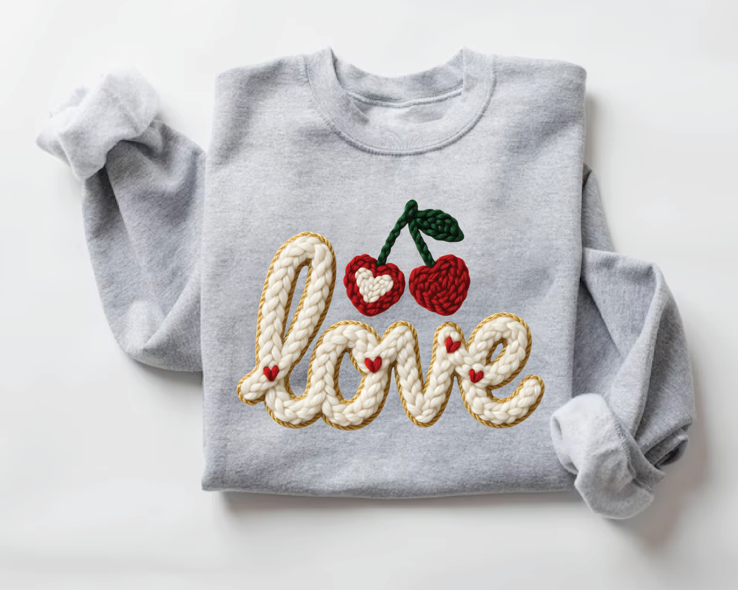 Coquette Pink Bow Sweatshirt - Print Faux Embroidery Effect Valentine's Day Crewneck - VL15