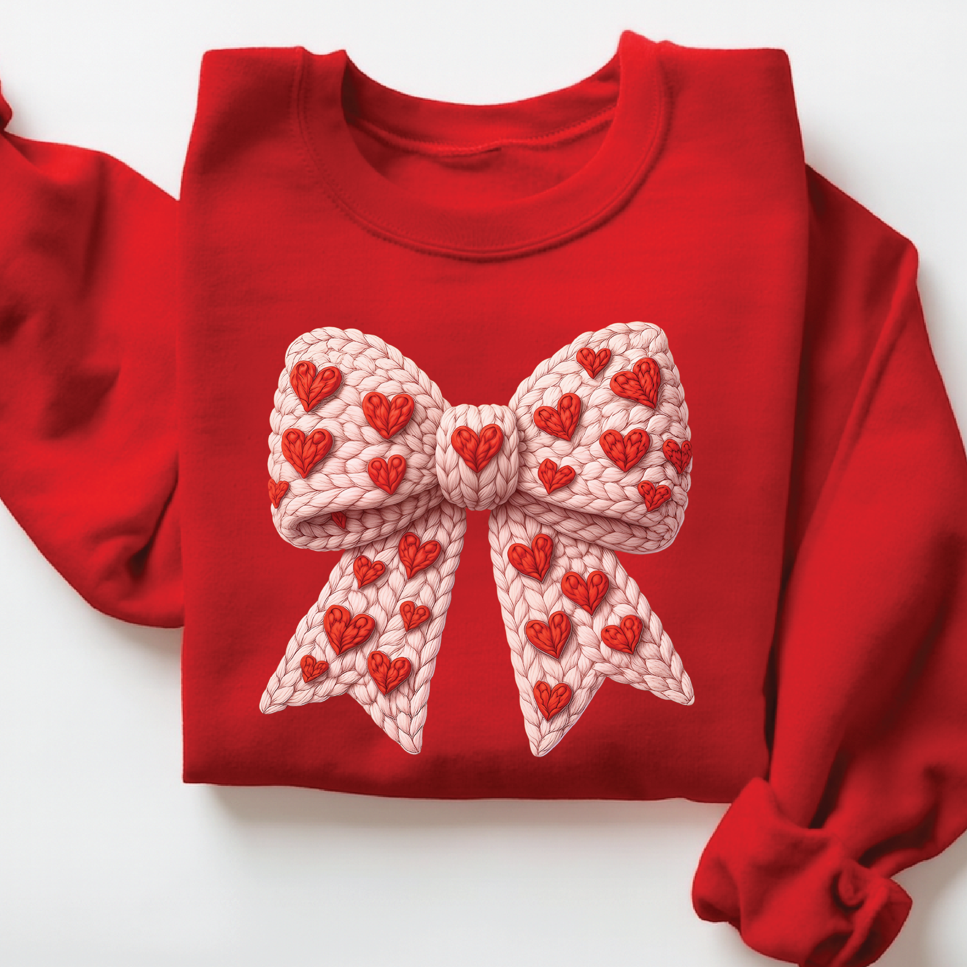 Red Coquette Bow Sweatshirt - Faux Embroidery Valentine's Day Crewneck - VL16