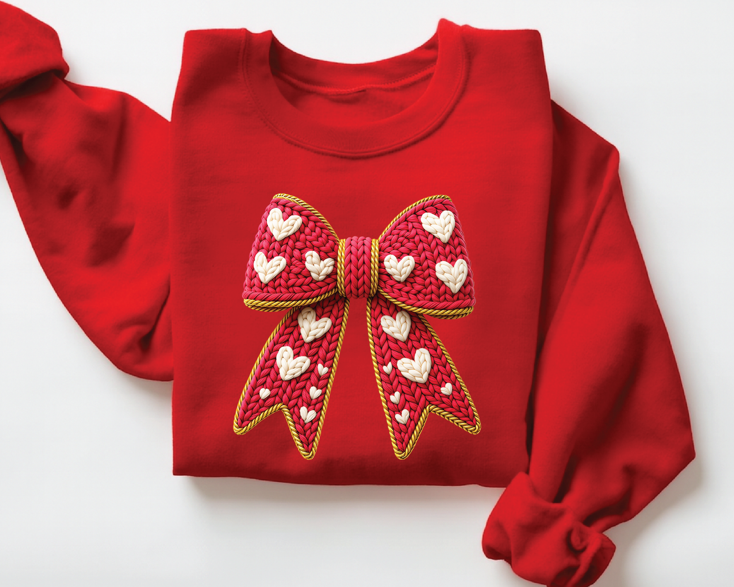 Coquette Red Bow Sweatshirt - Grey Faux Embroidery Valentine's Crewneck - VL17