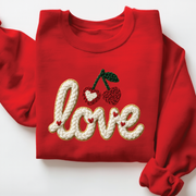 Coquette Pink Bow Sweatshirt - Print Faux Embroidery Effect Valentine's Day Crewneck - VL15