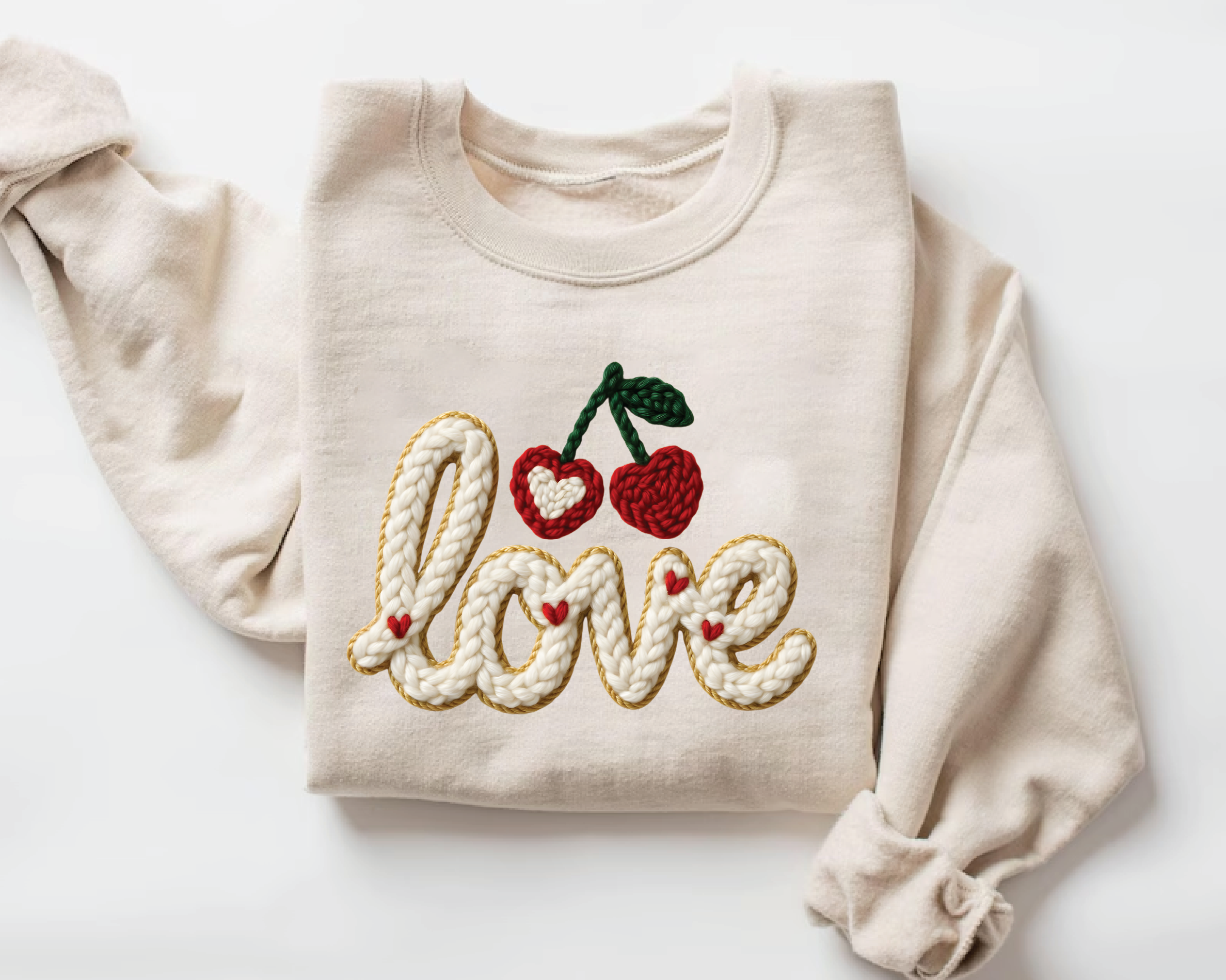 Coquette Pink Bow Sweatshirt - Print Faux Embroidery Effect Valentine's Day Crewneck - VL15