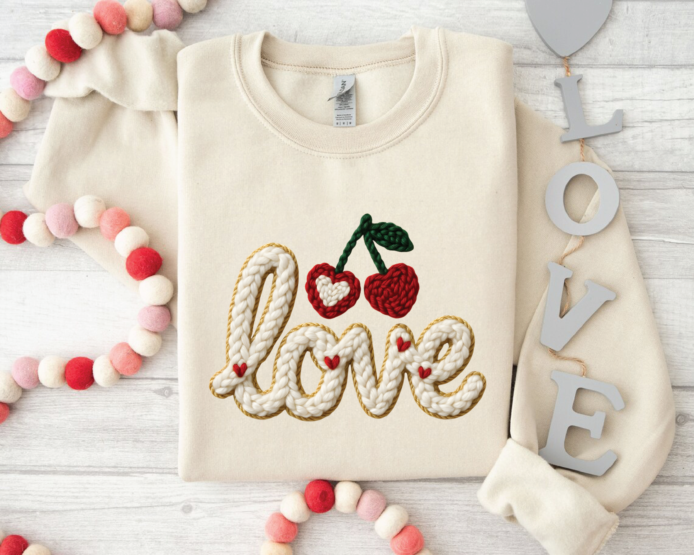 Coquette Pink Bow Sweatshirt - Print Faux Embroidery Effect Valentine's Day Crewneck - VL15