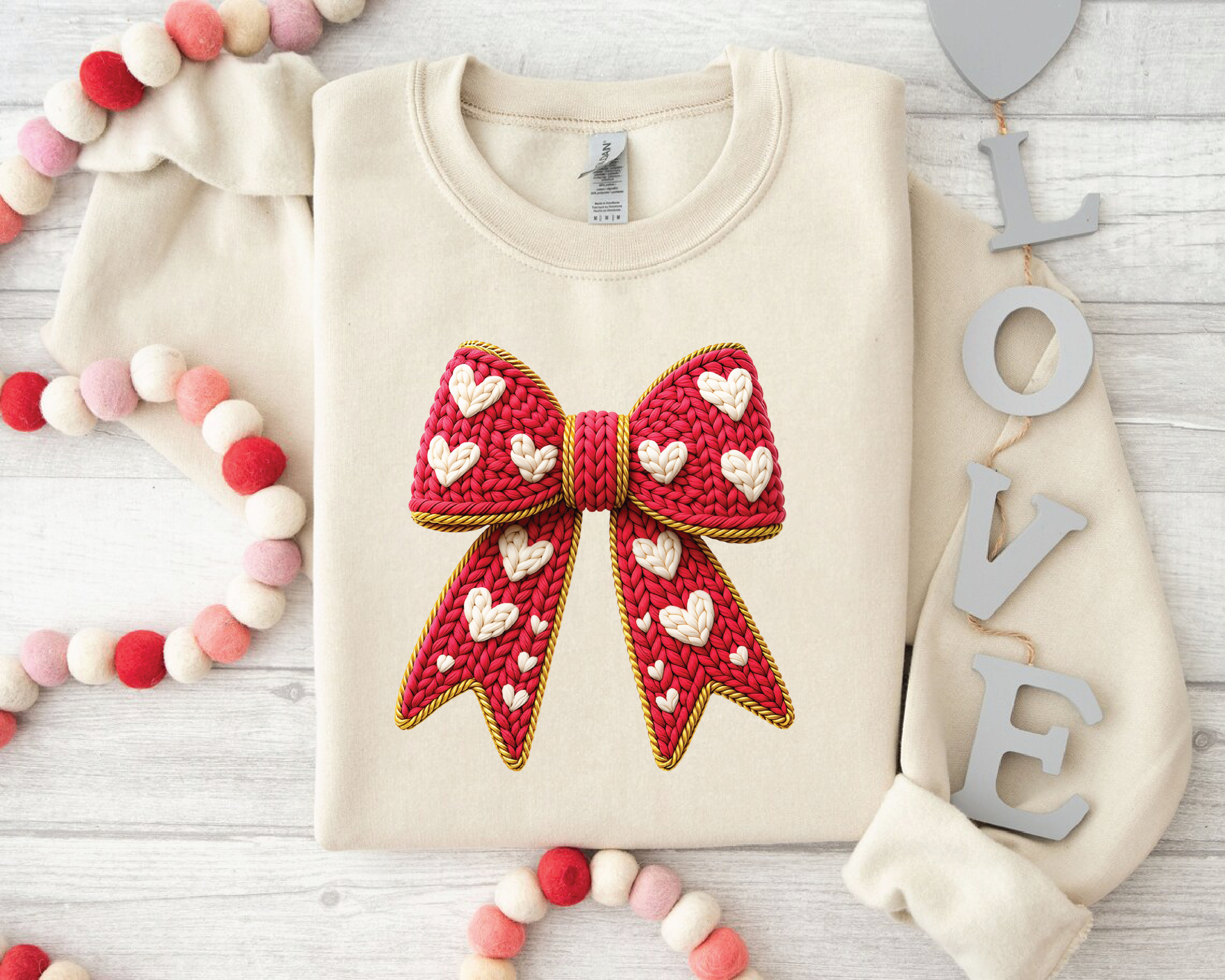 Coquette Red Bow Sweatshirt - Grey Faux Embroidery Valentine's Crewneck - VL17