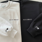 Personalized Couple Sweatshirt with Roman Numeral Date & Initial Sleeve – Matching His and Hers Sweatshirt
