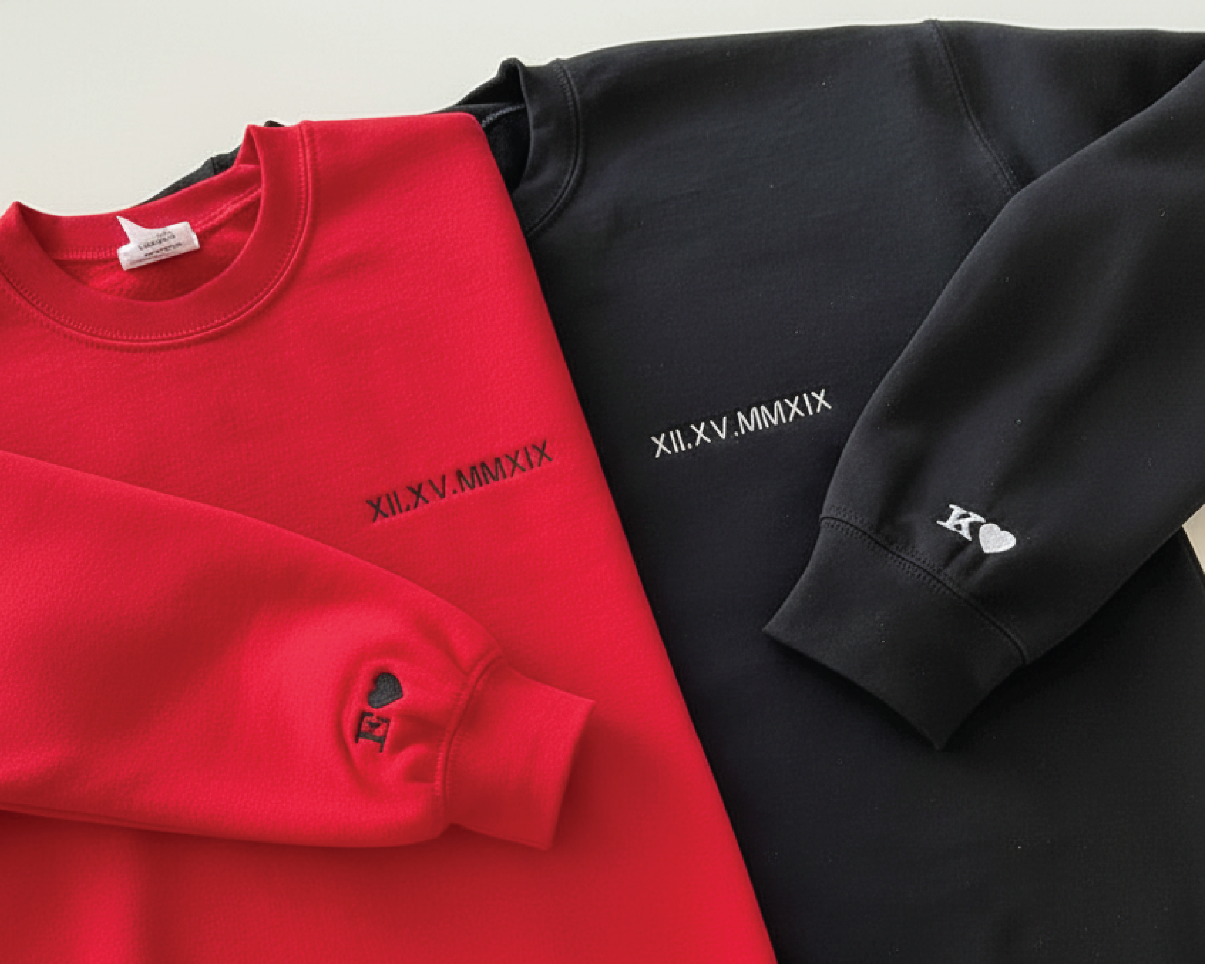 Personalized Couple Sweatshirt with Roman Numeral Date & Initial Sleeve – Matching His and Hers Sweatshirt