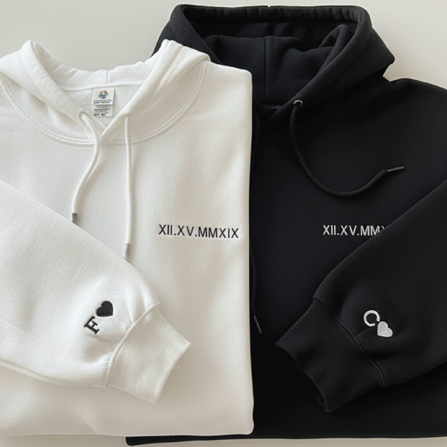 Personalized Couple Hoodie with Roman Numeral Date & Initial Sleeve – Matching His and Hers Sweatshirt