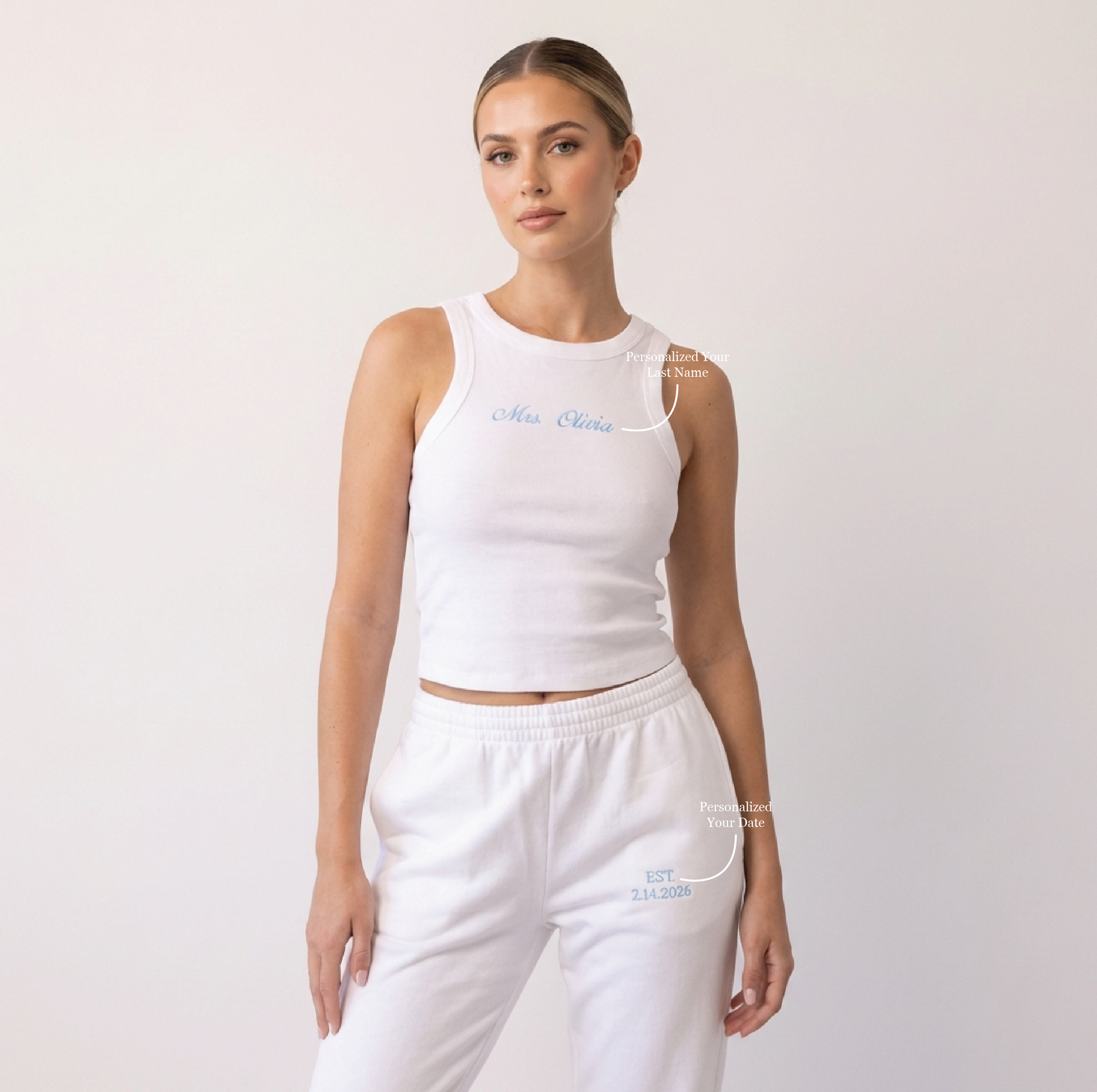 Personalized Mrs. Embroidered Lounge Set - Custom Bride Tank & Joggers