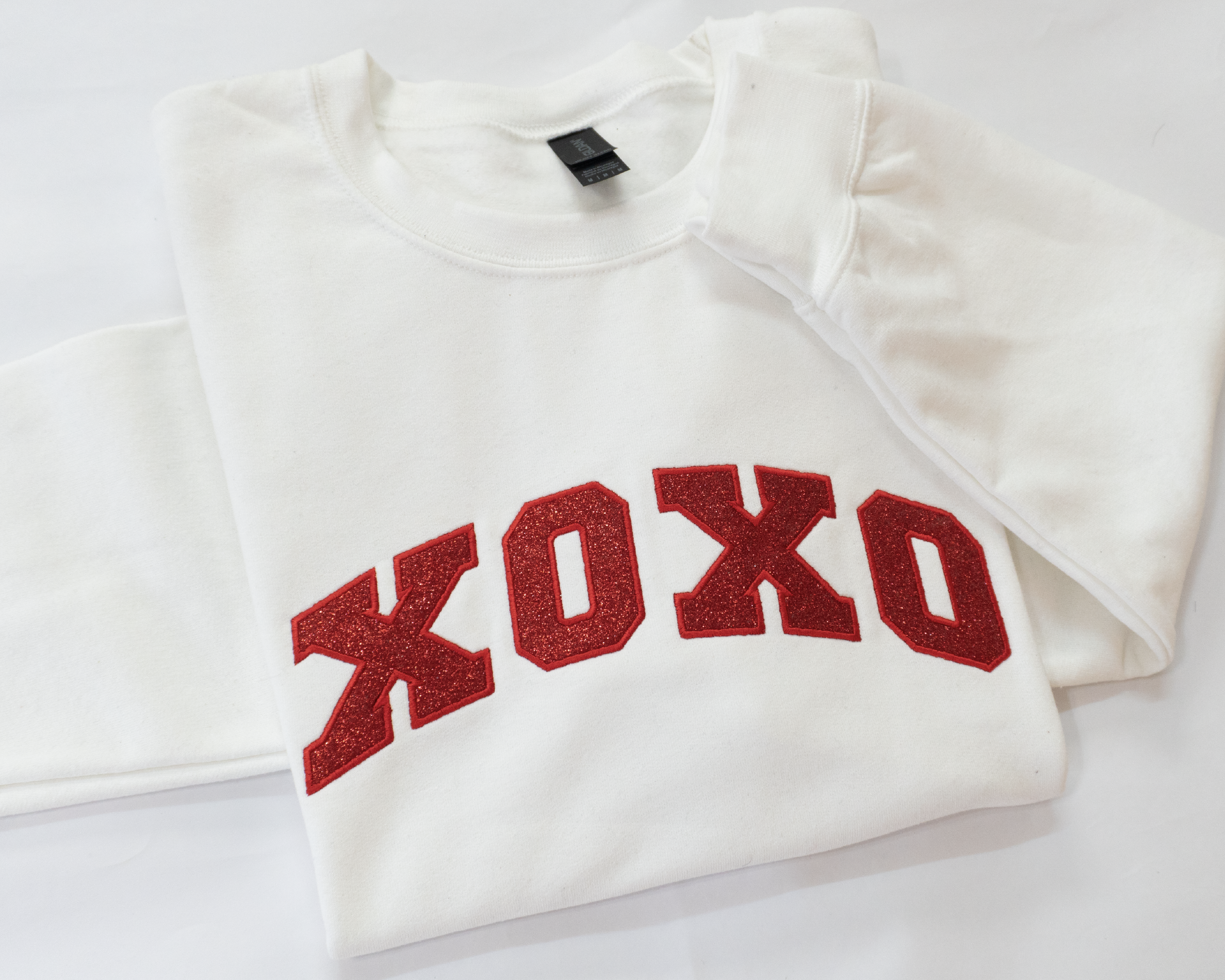 Red Glitter Appliqué XOXO Sweatshirt - Embroidered Varsity Valentine's Crewneck