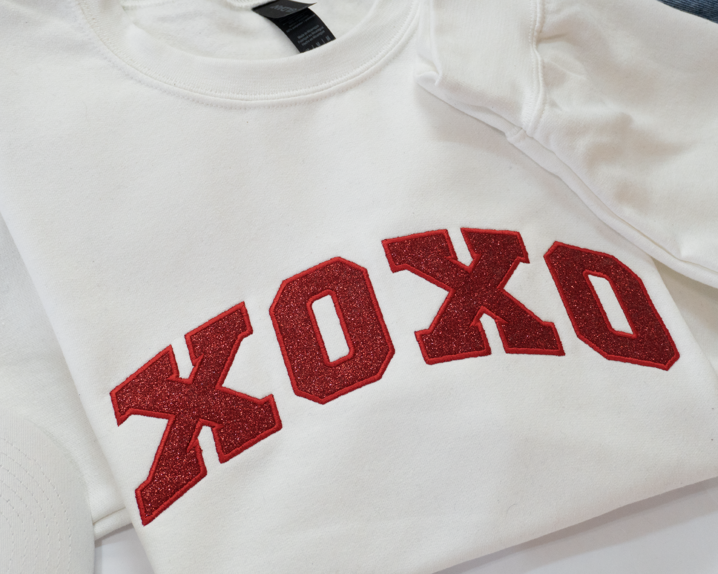 Red Glitter Appliqué XOXO Sweatshirt - Embroidered Varsity Valentine's Crewneck