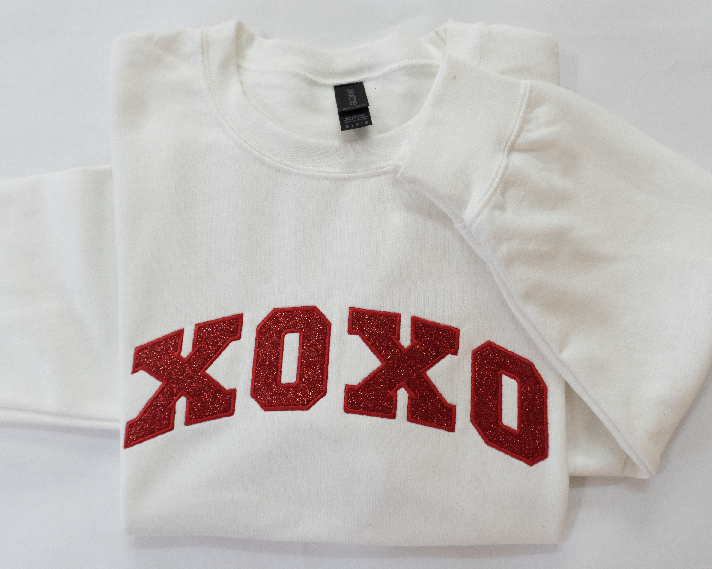 Red Glitter Appliqué XOXO Sweatshirt - Embroidered Varsity Valentine's Crewneck