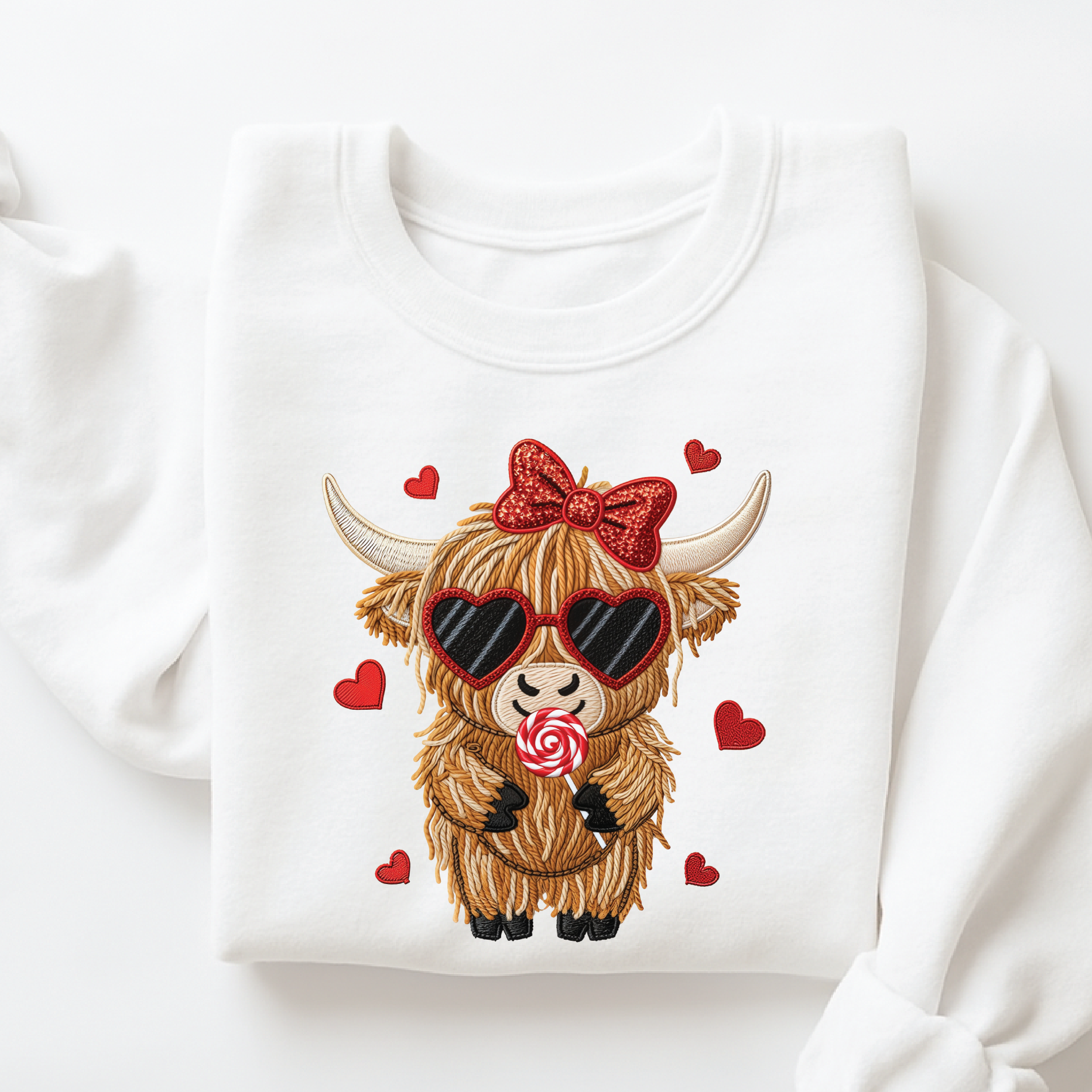 Highland Cow Valentine's Sweatshirt - Faux Embroidery Heart Glasses Crewneck