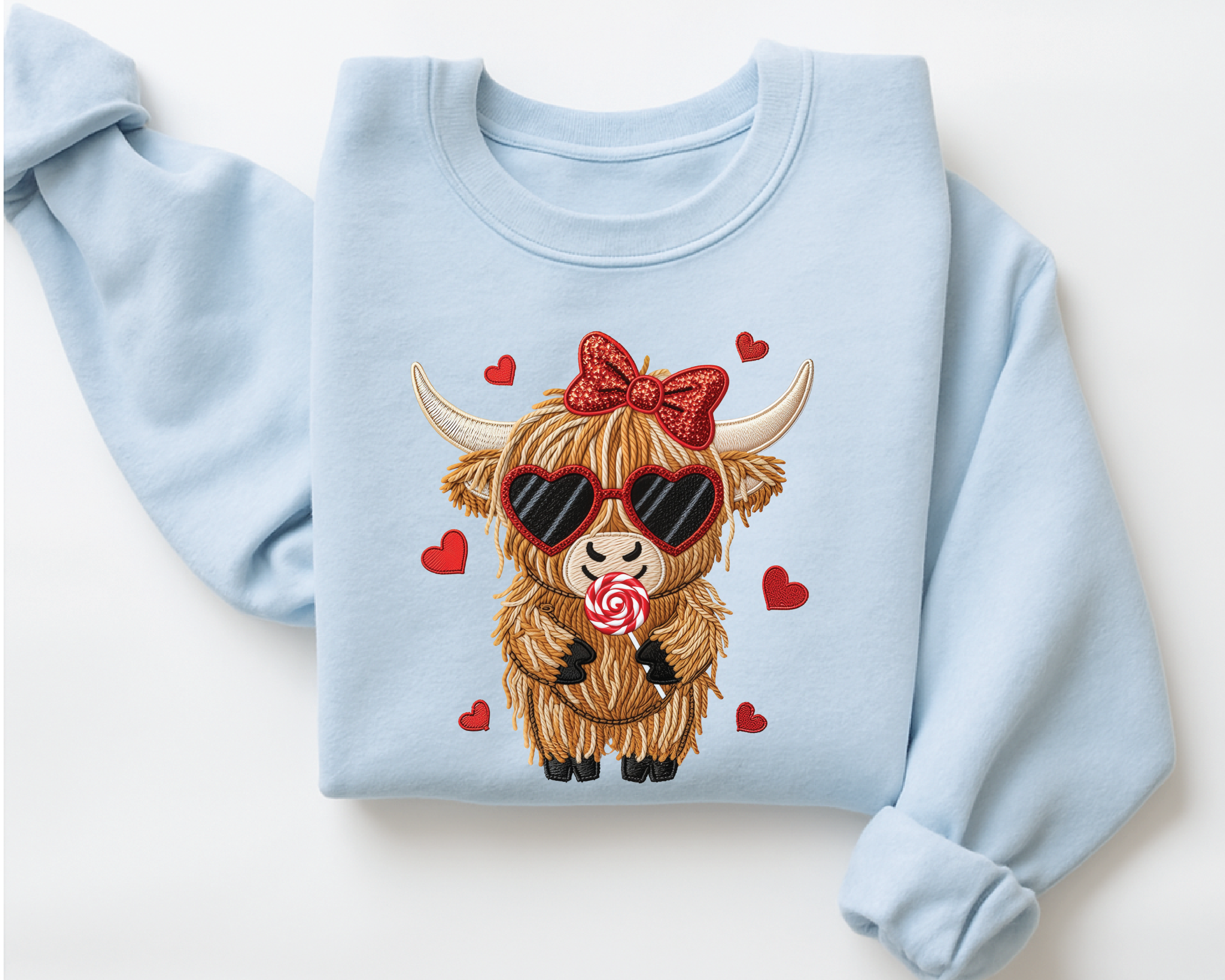 Highland Cow Valentine's Sweatshirt - Faux Embroidery Heart Glasses Crewneck
