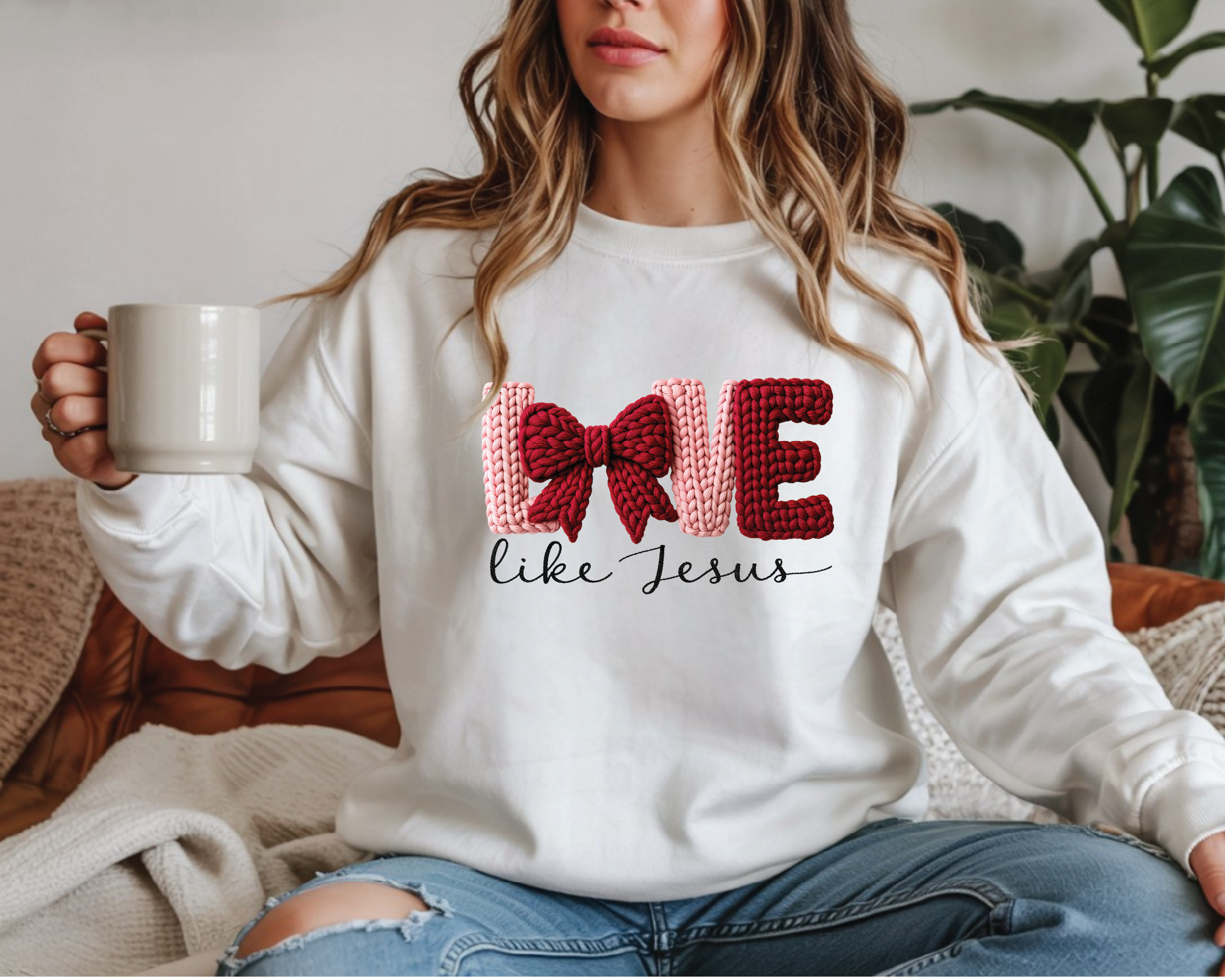 Love Like Jesus Sweatshirt - Coquette Faux Embroidery Christian Crewneck - VL18