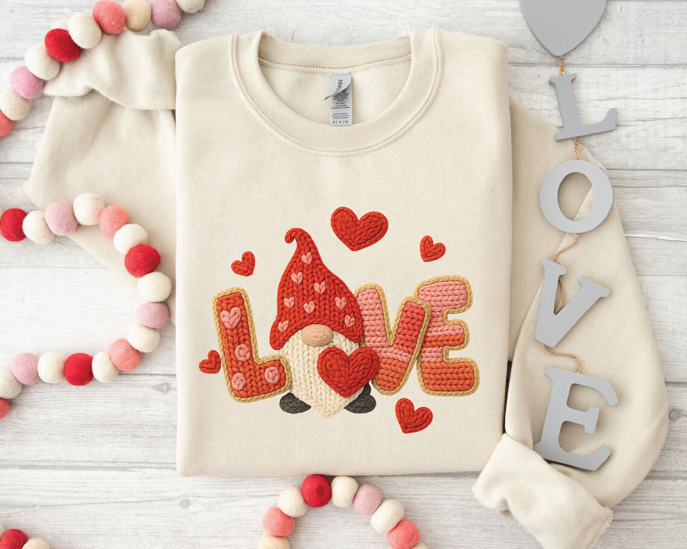 Valentine's Day Gnome Sweatshirt - Faux Embroidery Love Crewneck - vl20