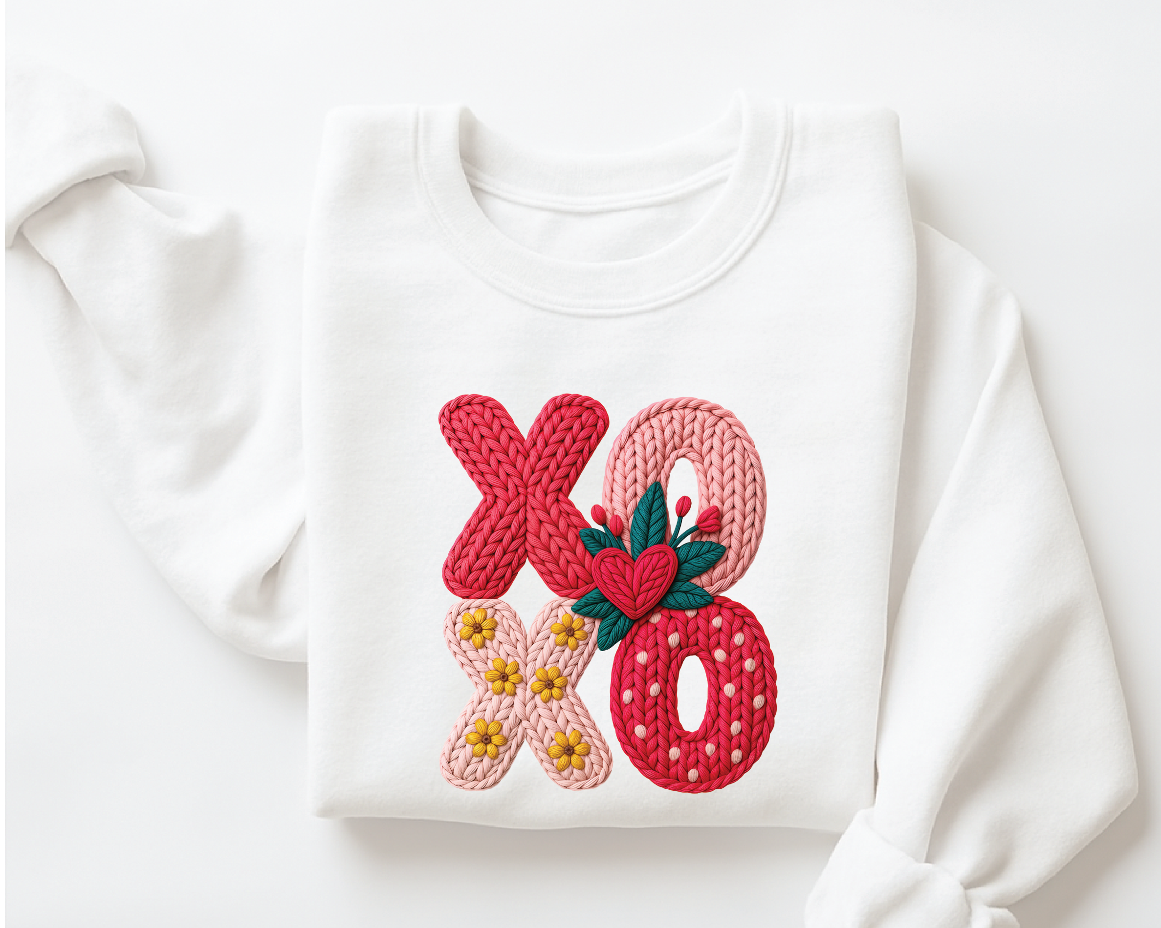 Floral XOXO Sweatshirt - Faux Embroidery Knit Look Valentine's Crewneck - vl21
